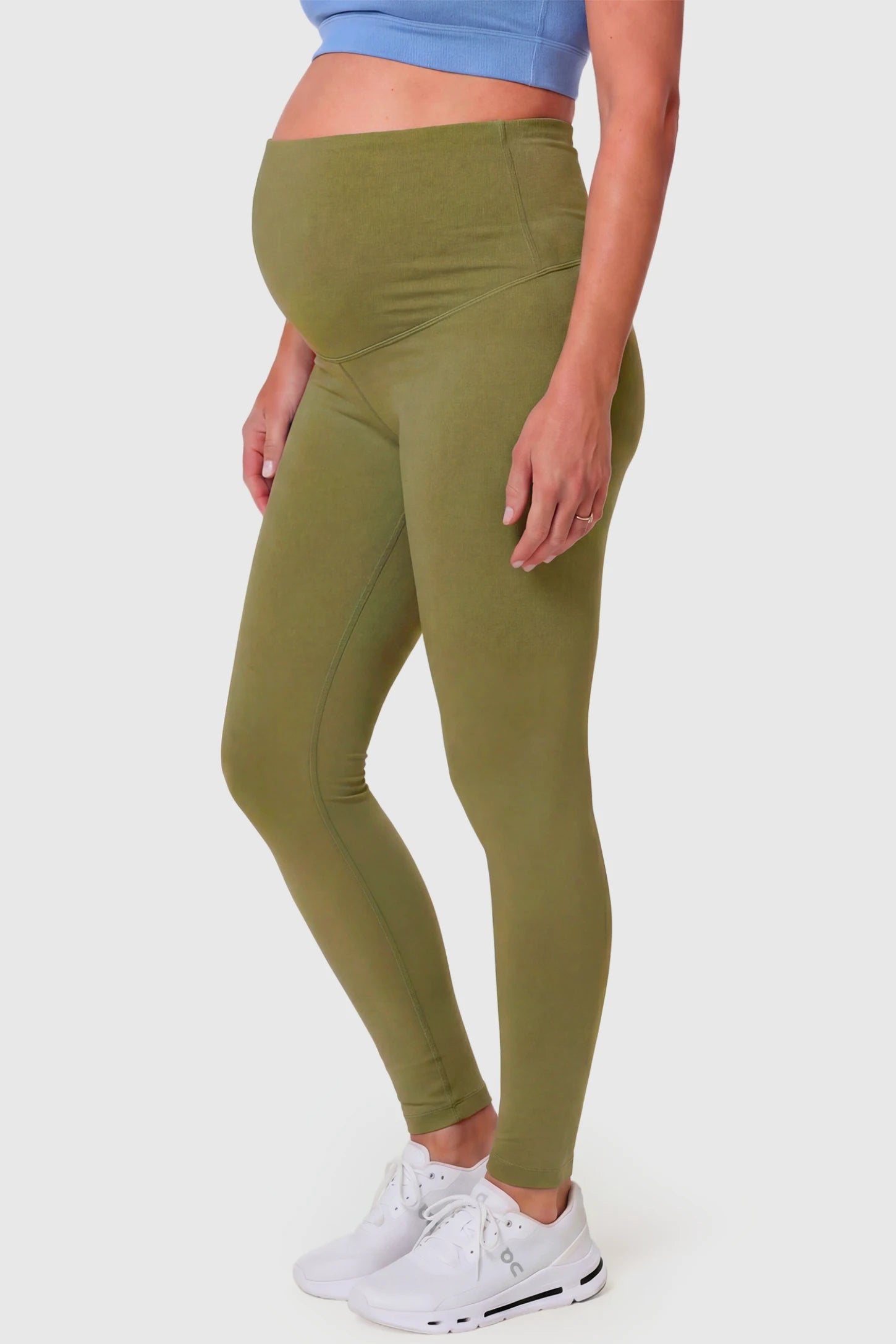 Full-Panel Ankle-Length Maternity Yoga Leggings Full-Panel Ankle-Length Maternity Yoga Leggings in army green featuring over-the-belly support and full-length fit on pregnant model.