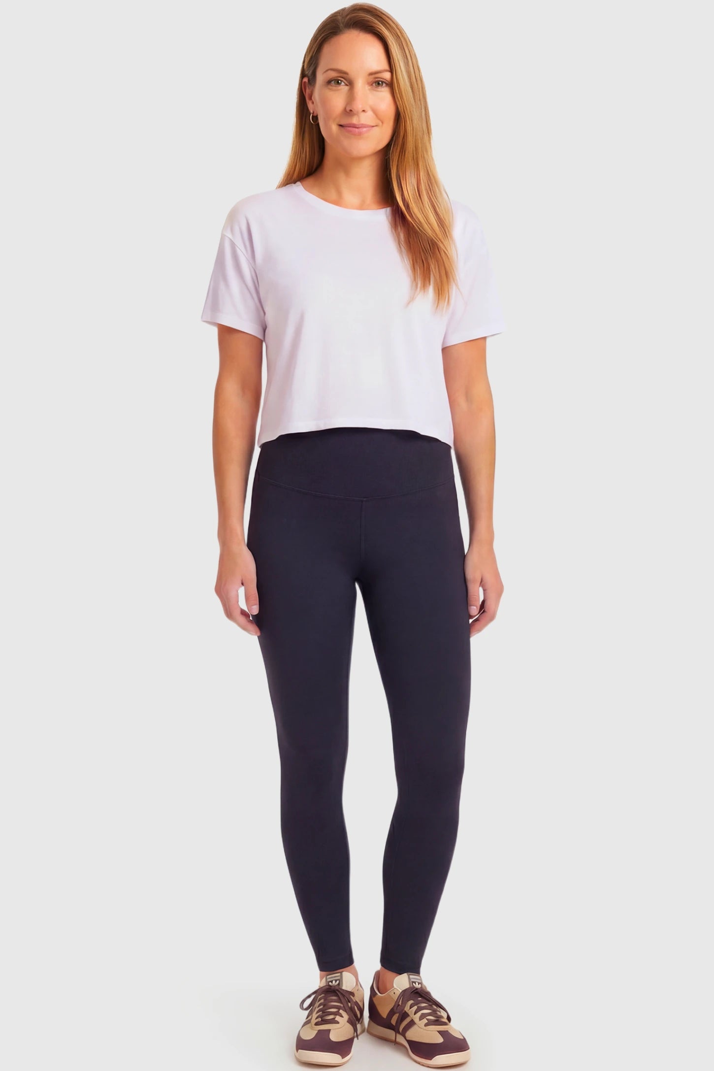 Full-Panel Ankle-Length Maternity Yoga Leggings Full-Panel Ankle-Length Maternity Yoga Leggings in black featuring over-the-belly support and full-length fit on pregnant non model.