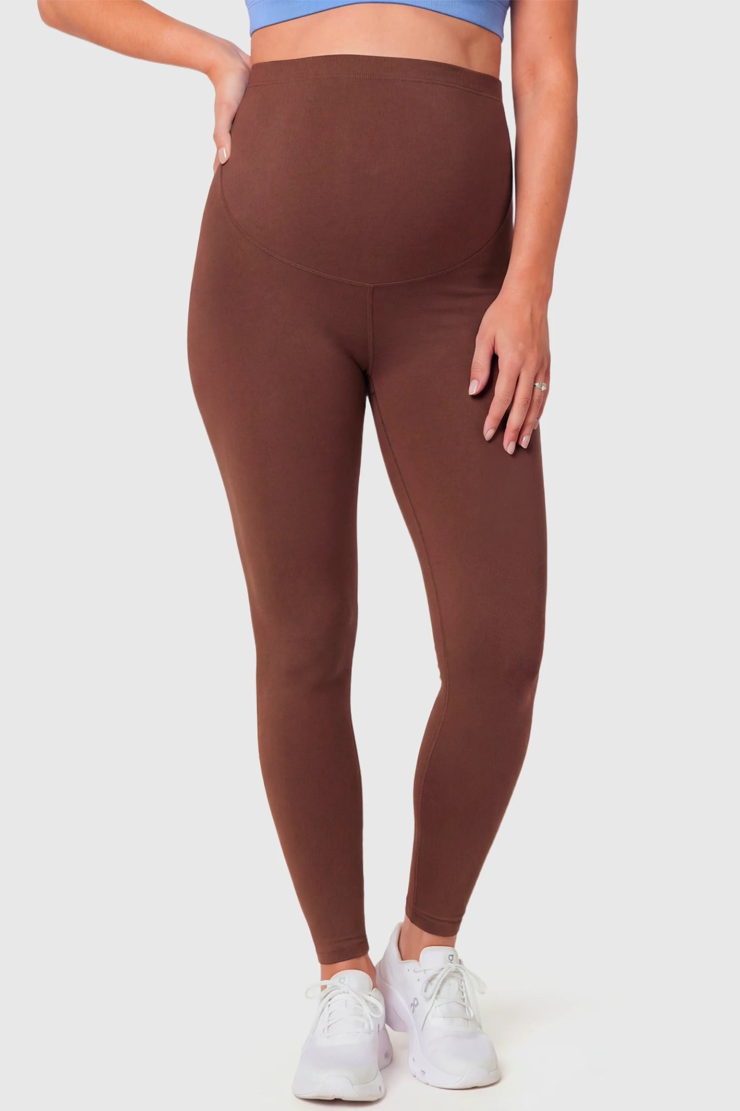 Full-Panel Ankle-Length Maternity Yoga Leggings Full-Panel Ankle-Length Maternity Yoga Leggings in coffee featuring over-the-belly support and full-length fit on pregnant model.
