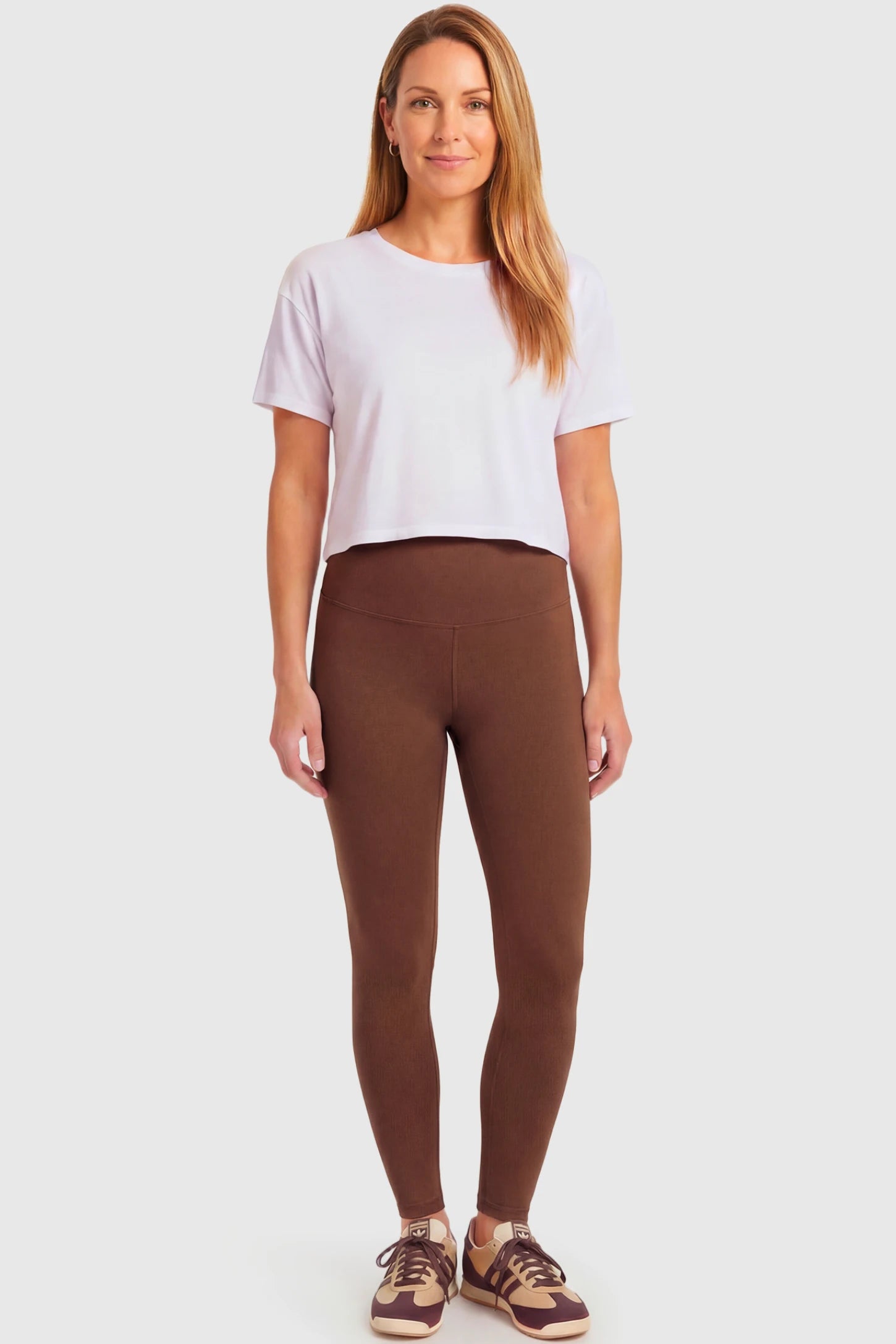Full-Panel Ankle-Length Maternity Yoga Leggings Full-Panel Ankle-Length Maternity Yoga Leggings in coffee featuring over-the-belly support and full-length fit on non pregnant model.