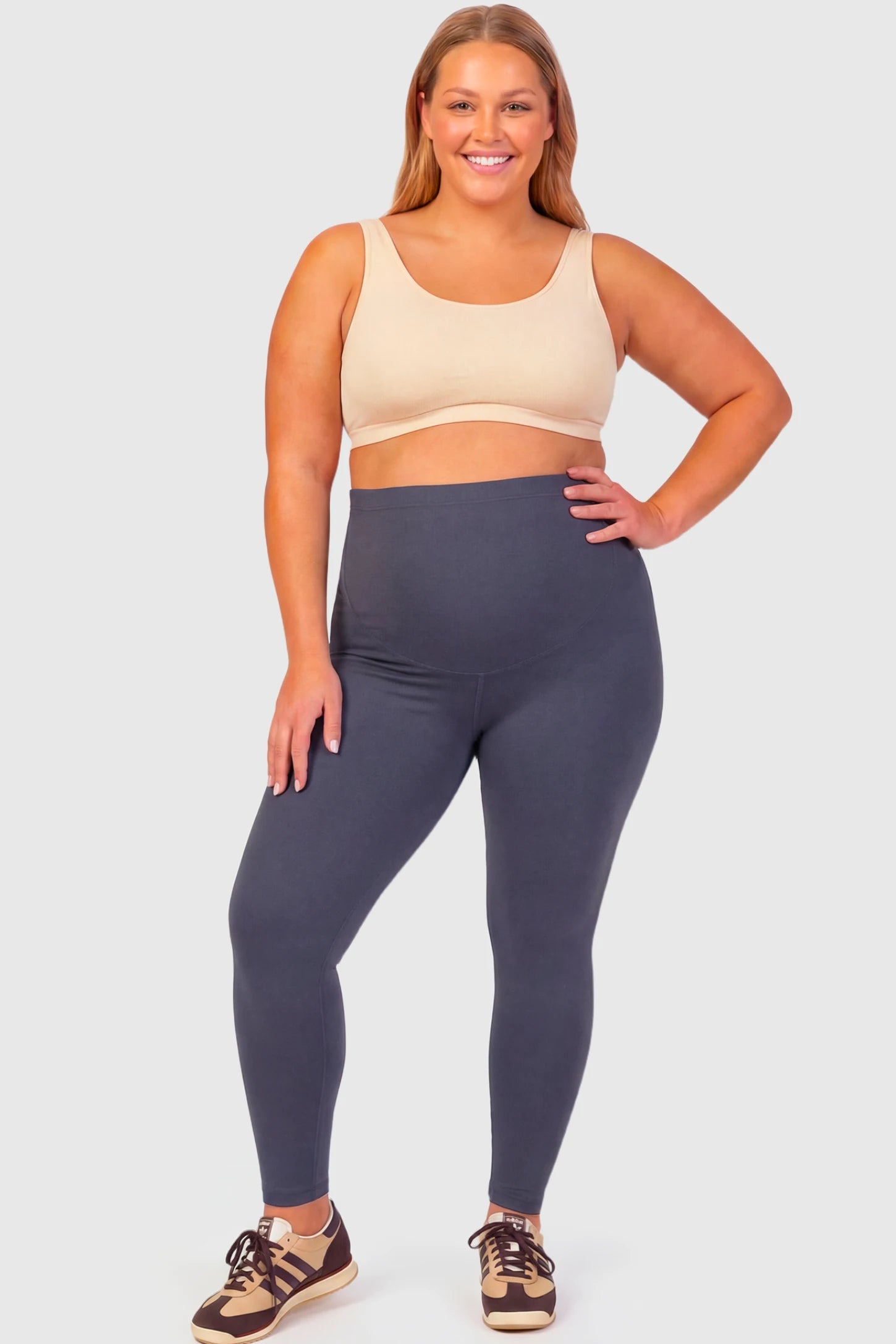 Full-Panel Ankle-Length Maternity Yoga Leggings Full-Panel Ankle-Length Maternity Yoga Leggings in dark gray featuring over-the-belly support and full-length fit on plus size pregnant model.