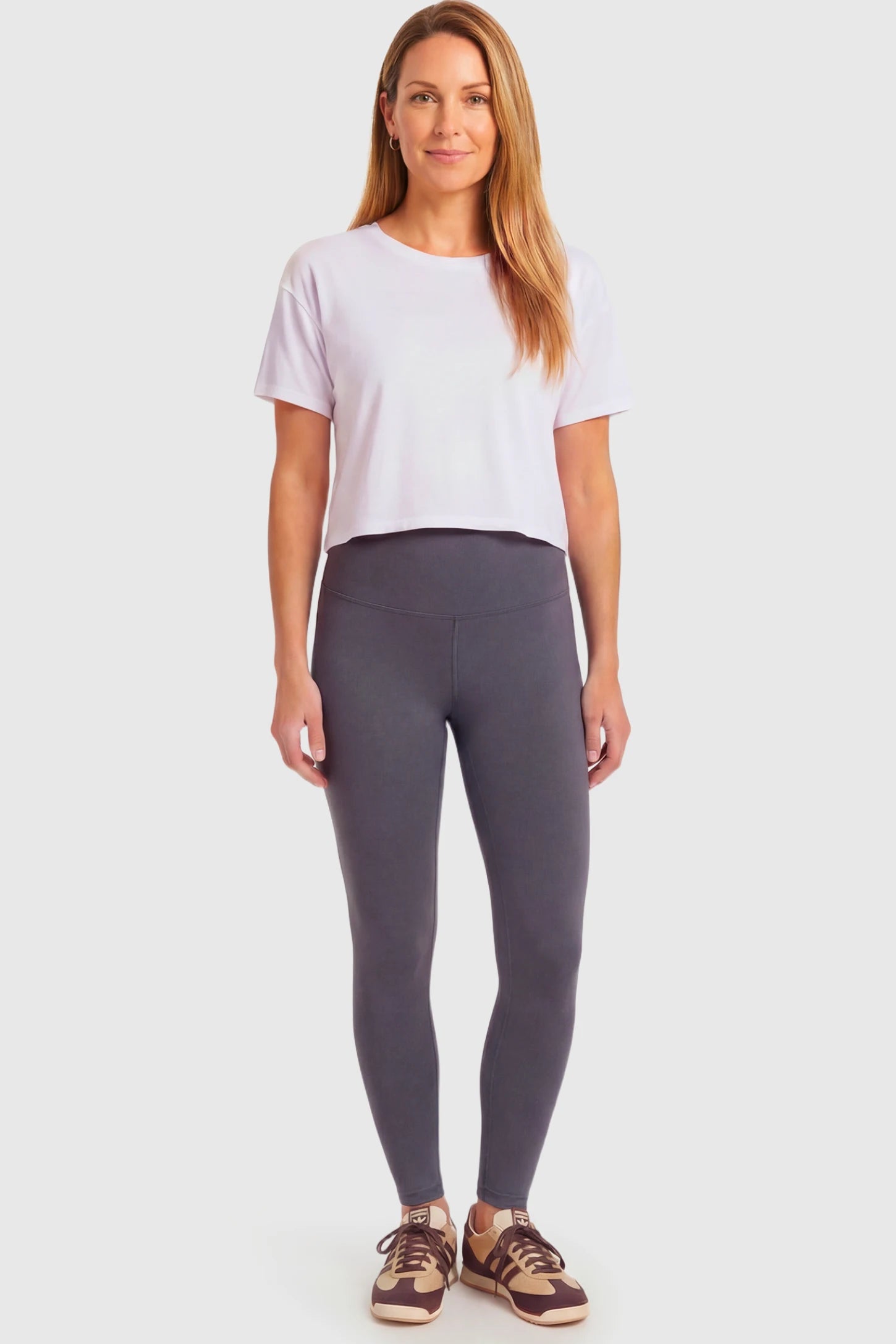 Full-Panel Ankle-Length Maternity Yoga Leggings Full-Panel Ankle-Length Maternity Yoga Leggings in dark gray featuring over-the-belly support and full-length fit on non pregnant model.