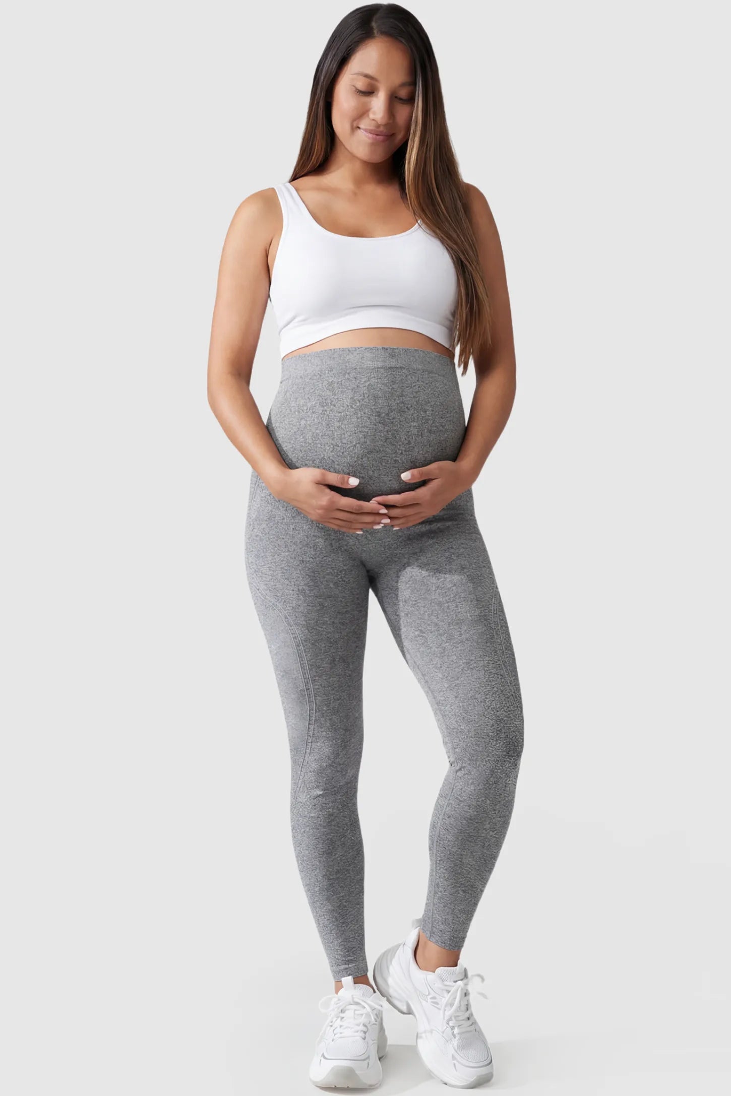 Full-Panel Full-Length Maternity Yoga Leggings in gray featuring high-waist bump support and ankle-length bodycon fit on pregnant model.