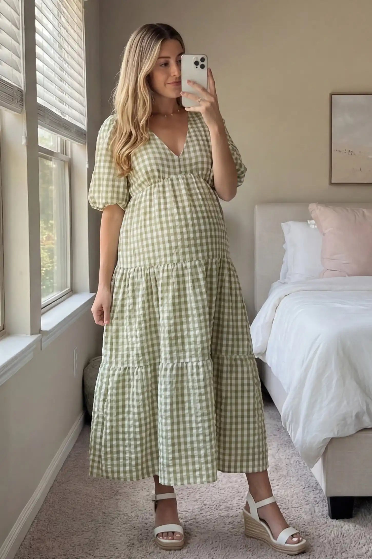 Gingham V-Neck Tiered Maxi Maternity Dress Gingham V-neck tiered maxi maternity dress in green with breathable cotton comfort, on UGC model