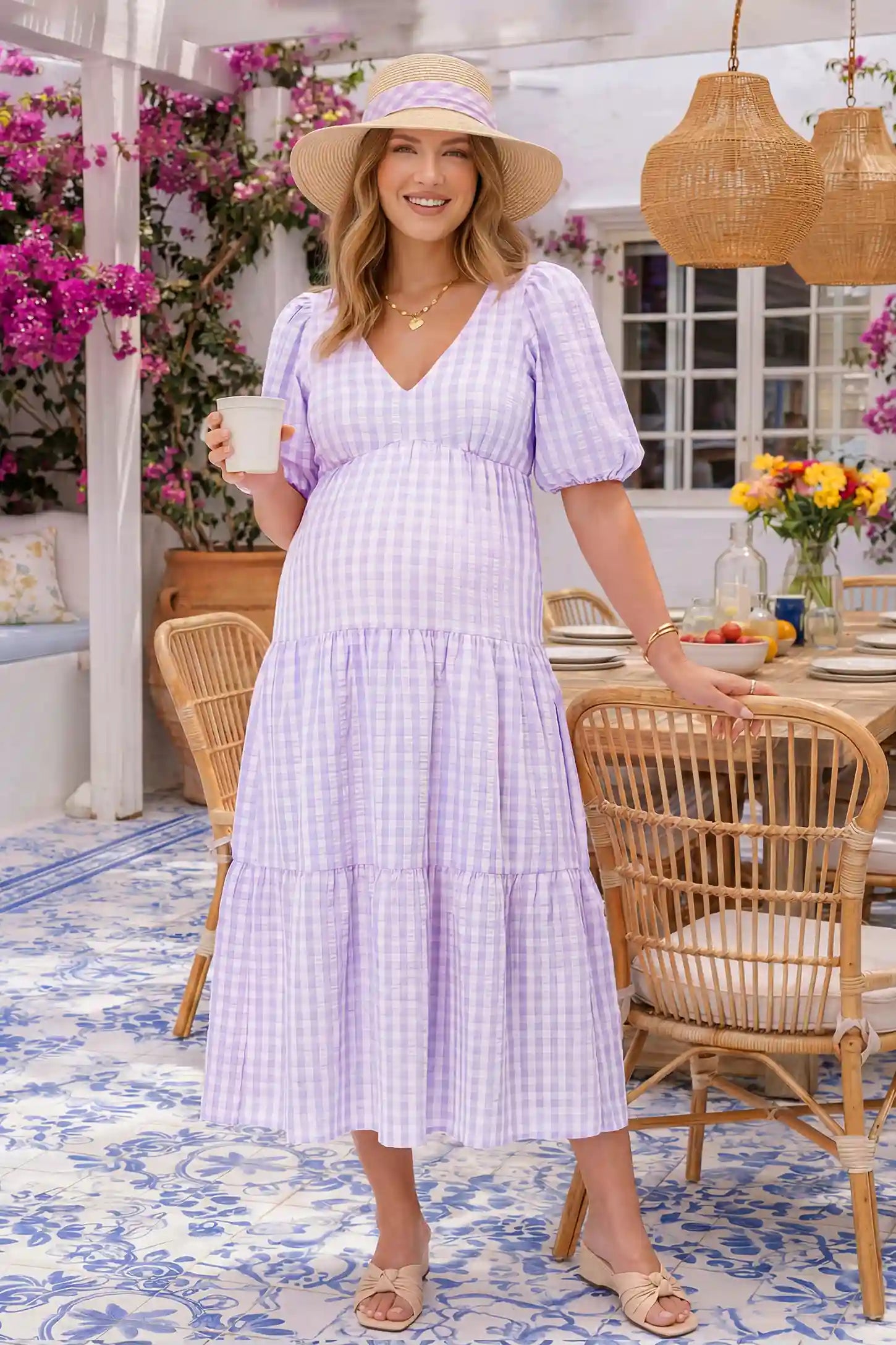 Gingham V-neck Tiered Midi Maternity Dress in lavender with vintage-inspired gingham pattern, on an editorial lifestyle model