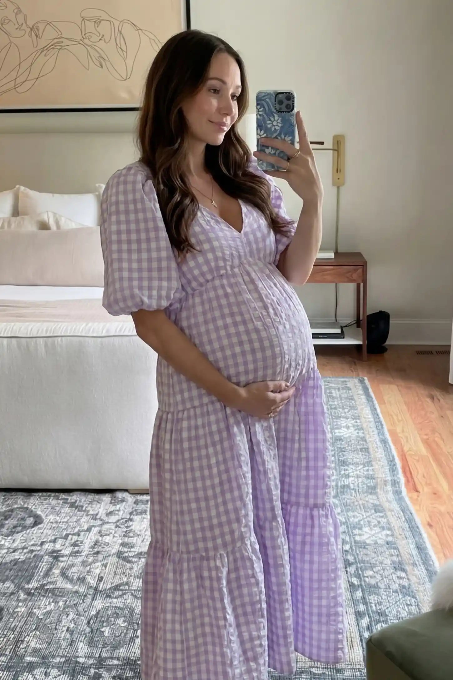 Gingham V-Neck Tiered Maxi Maternity Dress Gingham V-neck tiered maxi maternity dress in lavender with breathable cotton comfort, on UGC model