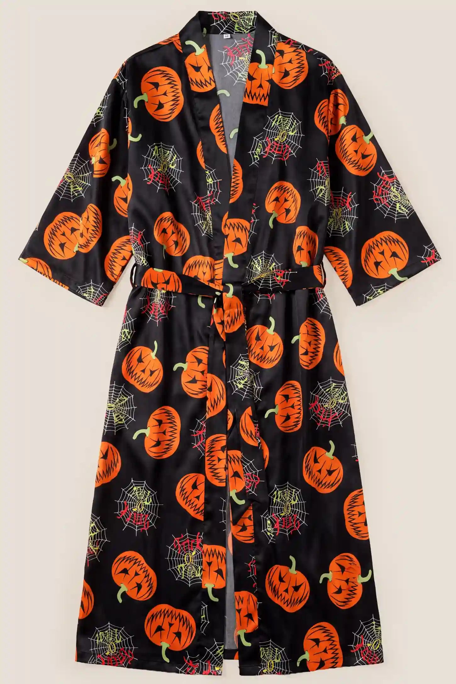 Halloween Pumpkin Print Satin Maternity Lounge Robe Halloween Pumpkin Print Satin Maternity Lounge Robe in Midnight Pumpkin featuring kimono sleeves, waist belt, easy wrap design, and relaxed fit loungewear style, flat lay view.