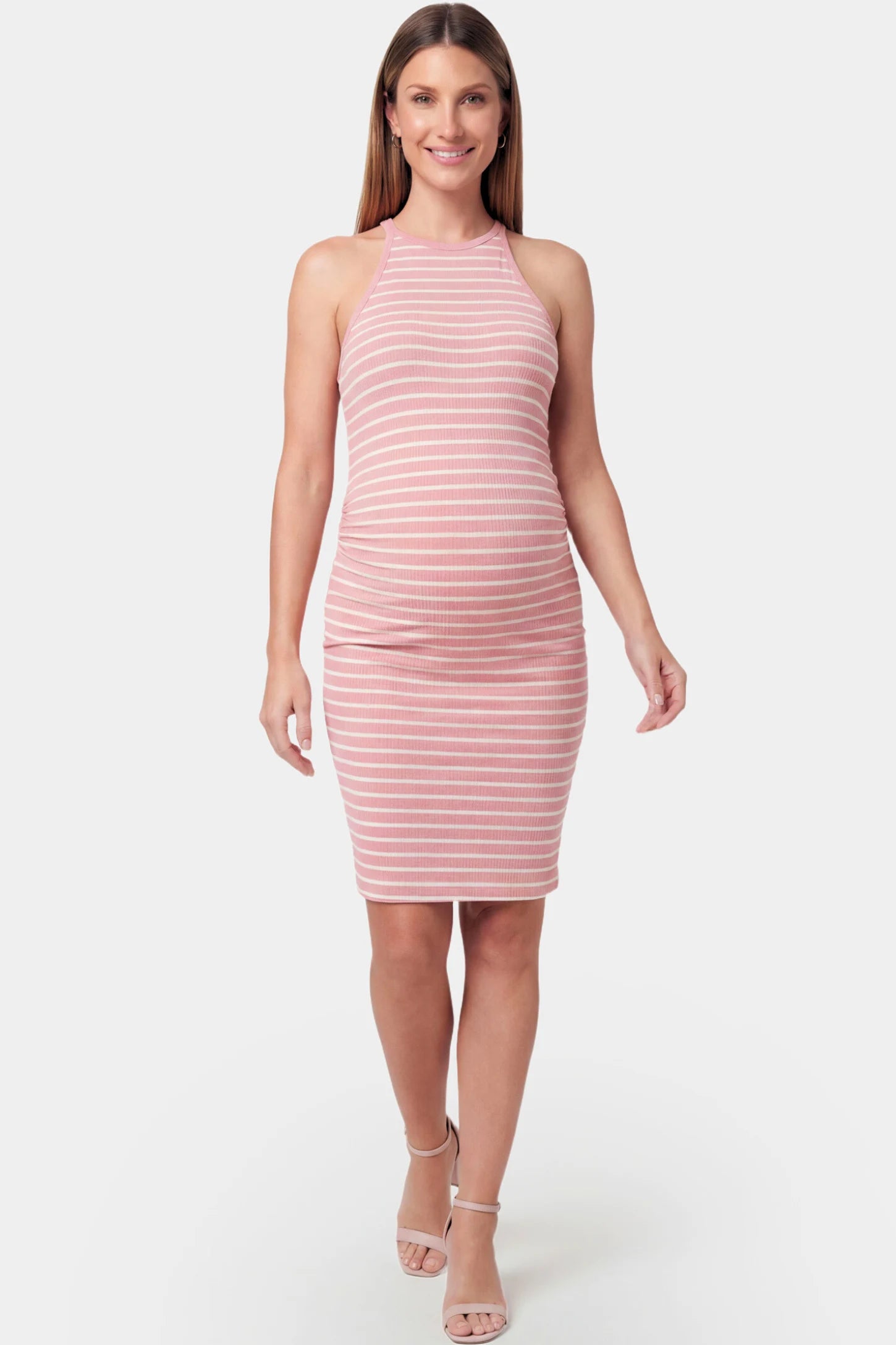 Striped Halter Neck Bodycon Maternity Short Dress in pink and white featuring sleeveless halter neckline on a pregnant model.