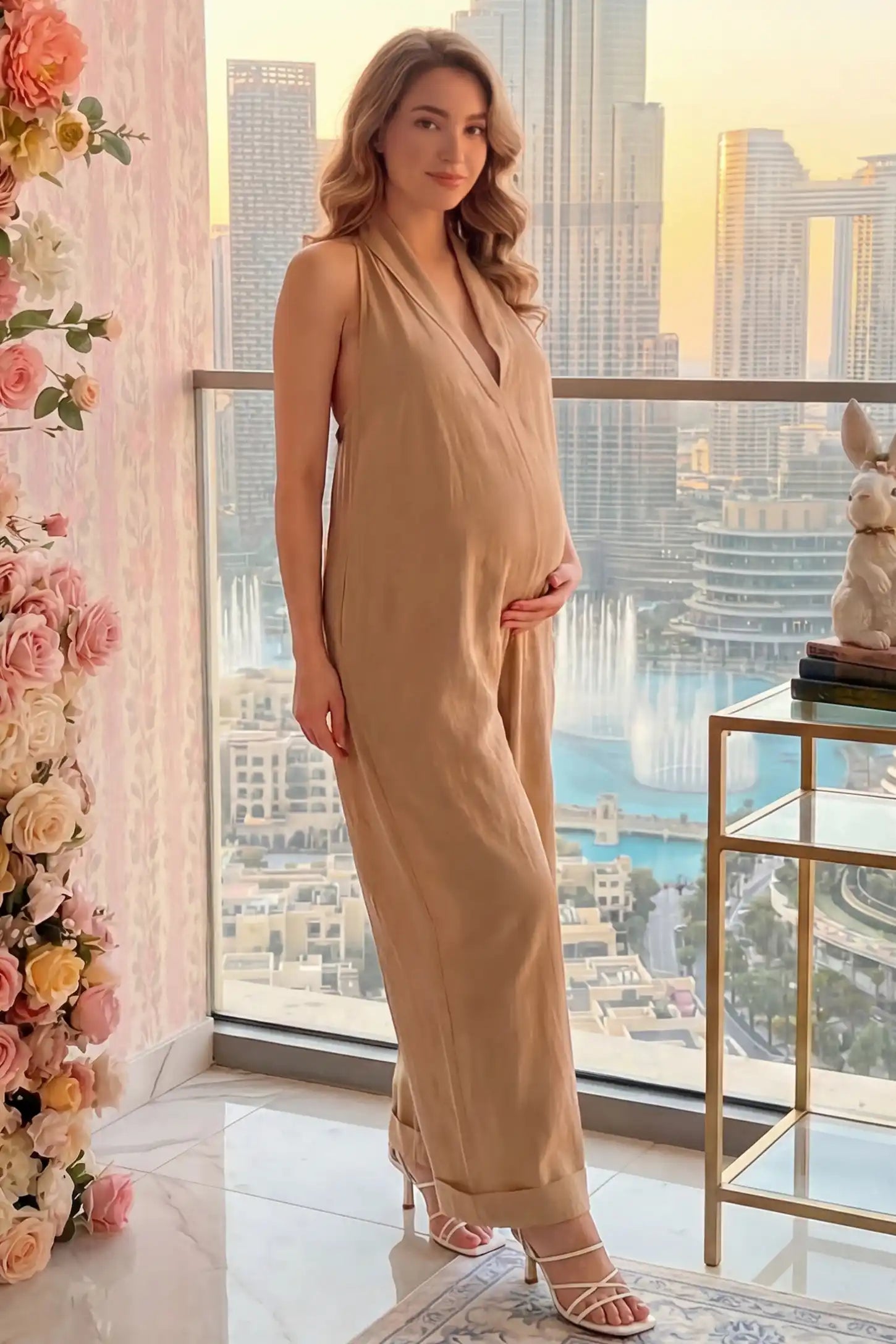 Halter Neck Wide-Leg Maternity Jumpsuit Halter neck wide-leg maternity jumpsuit in camel with chic halter neckline, front view on pregnant model