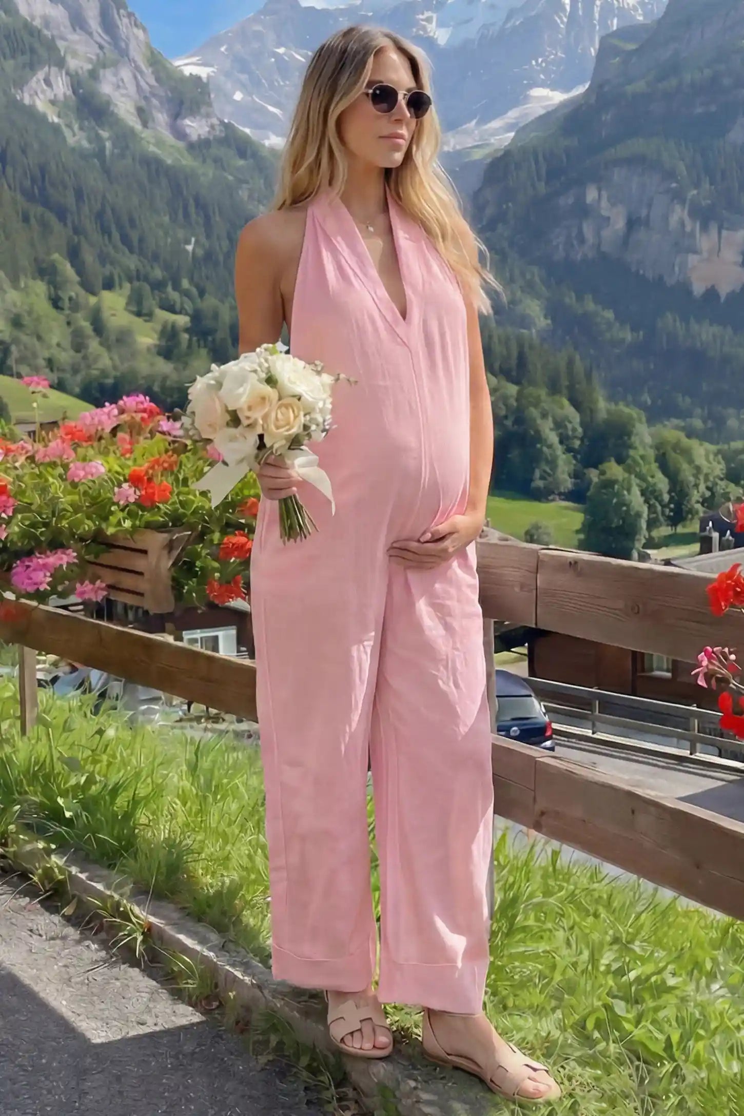 Halter Neck Wide-Leg Maternity Jumpsuit Halter neck wide-leg maternity jumpsuit in pink with chic halter neckline, front view on pregnant model