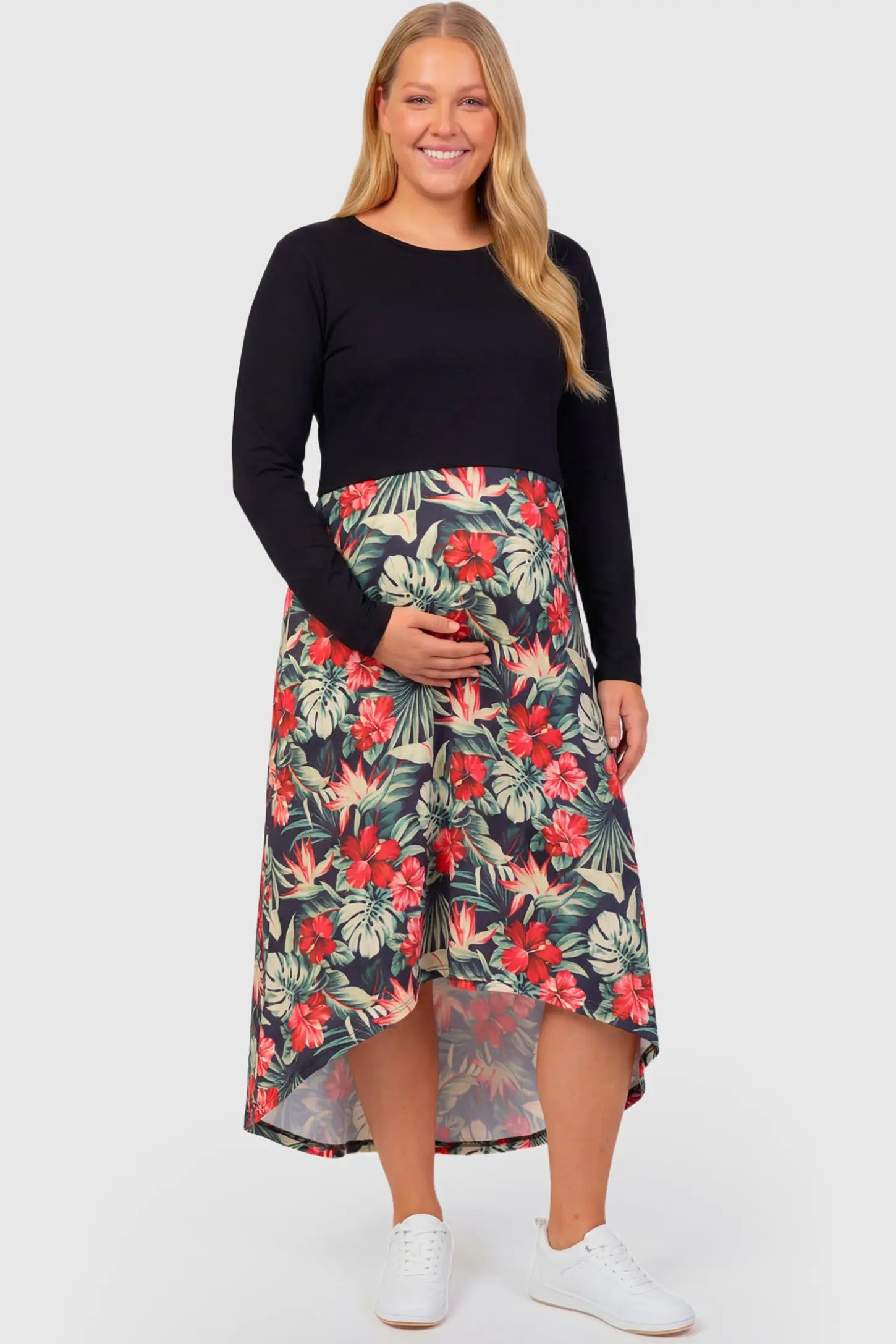 Hi-Low Long Sleeve Maternity & Nursing Midi Dress Hi-Low Long Sleeve Maternity & Nursing Midi Dress in black and floral featuring empire waist and long sleeves on a plus size pregnant model.