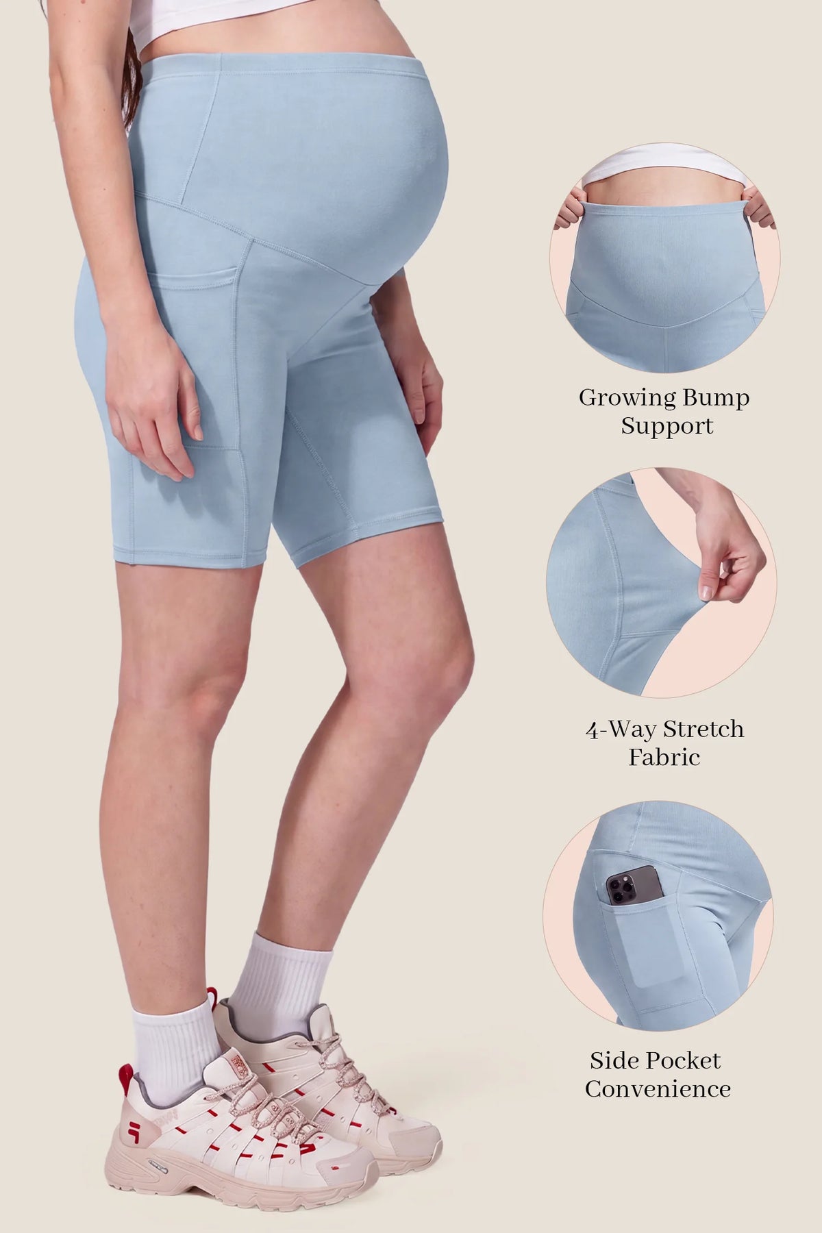 High-Rise Stretch Biker Maternity Shorts High-Rise Stretch Biker Maternity Shorts in Sky Blue featuring highlighted product features including growing bump support, 4-way stretch fabric, and convenient side pocket.