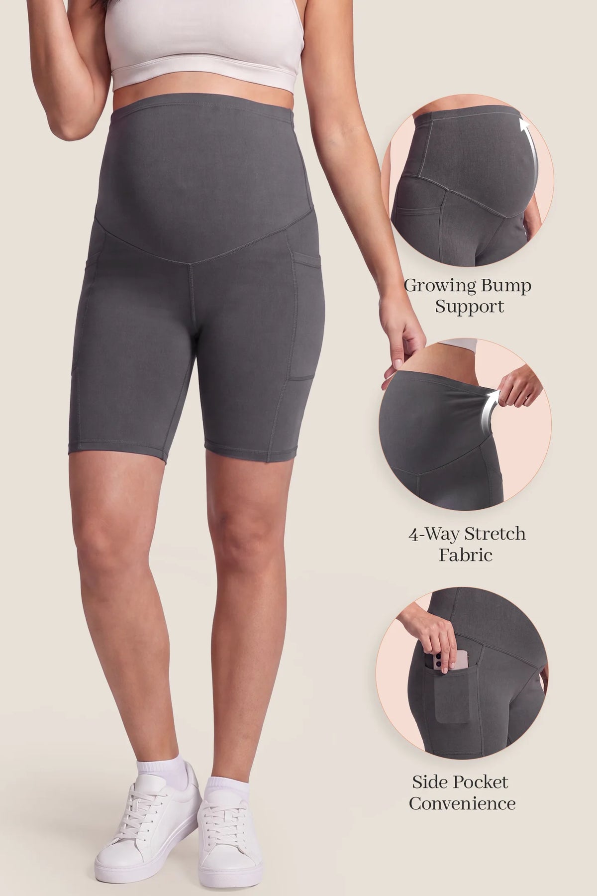 High-Rise Stretch Biker Maternity Shorts High-Rise-Stretch-Biker-Maternity-Shorts in Dark Gray featuring highlighted product selling points including growing bump support, 4-way stretch fabric, and side pocket convenience.