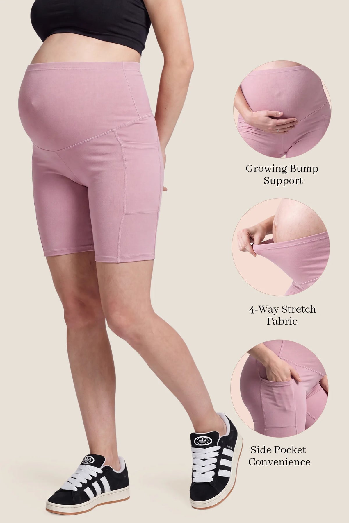 High-Rise Stretch Biker Maternity Shorts High-Rise Stretch Biker Maternity Shorts in Pink featuring highlighted product selling points including growing bump support, 4-way stretch fabric, and side pocket convenience.