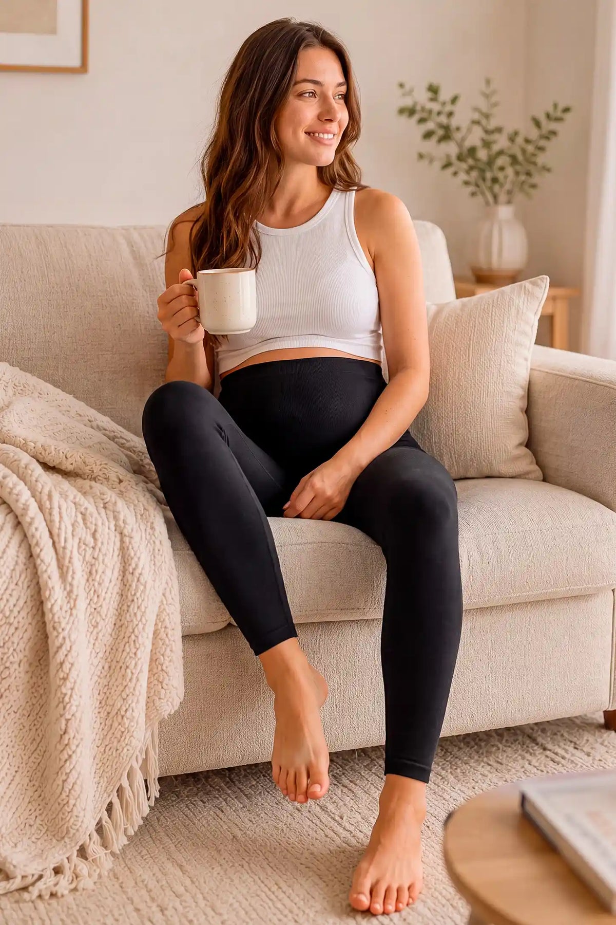 High Waist Full Length Maternity Leggings High Waist Full Length Maternity Leggings in Black featuring soft breathable moisture-wicking fabric, comfortable full belly support, and relaxed indoor loungewear style on a pregnant model.