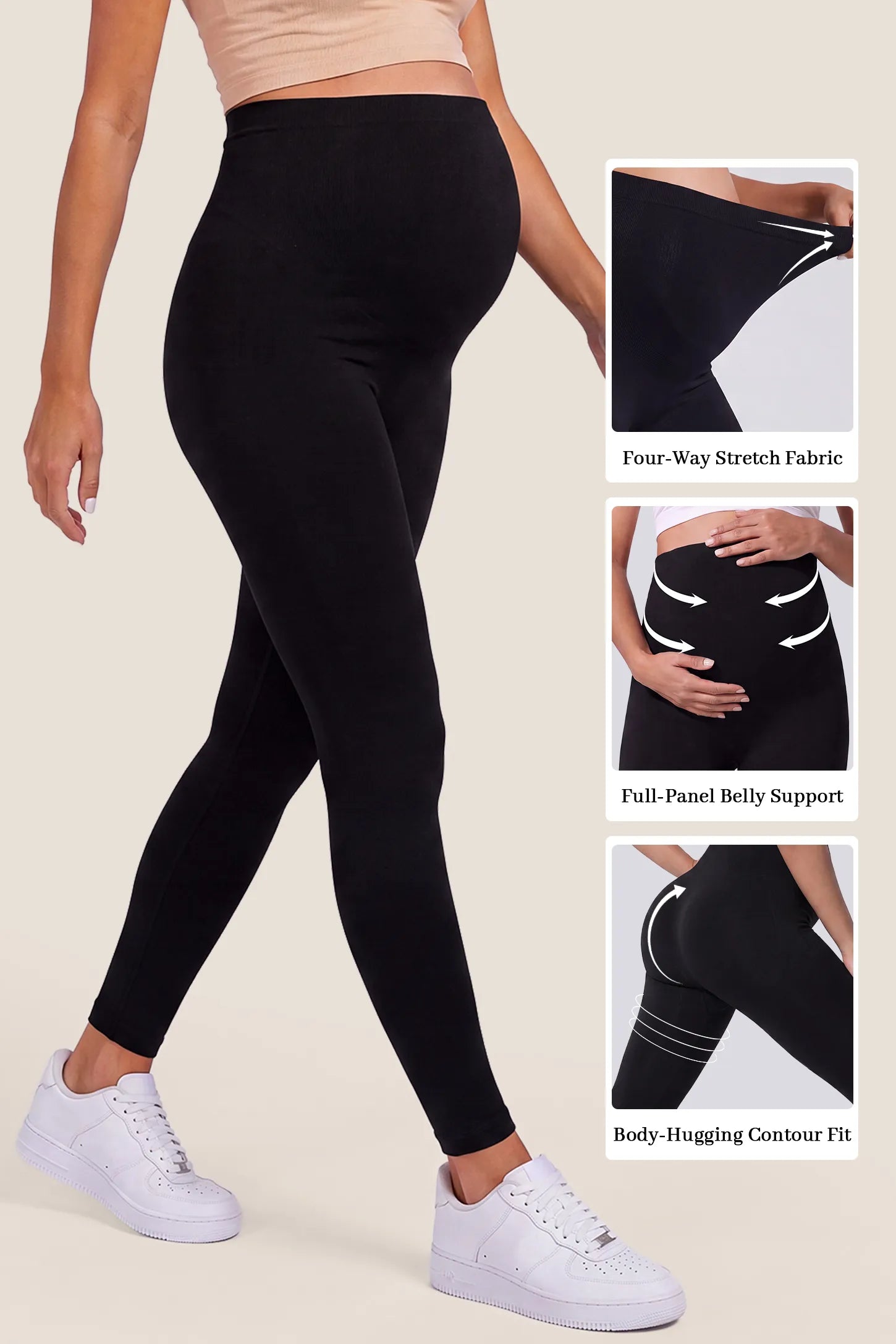 High Waist Full Length Maternity Leggings in Black featuring high-waisted seamless knit waistband design, optimal belly support, and stretchy breathable fabric texture on a pregnant model.