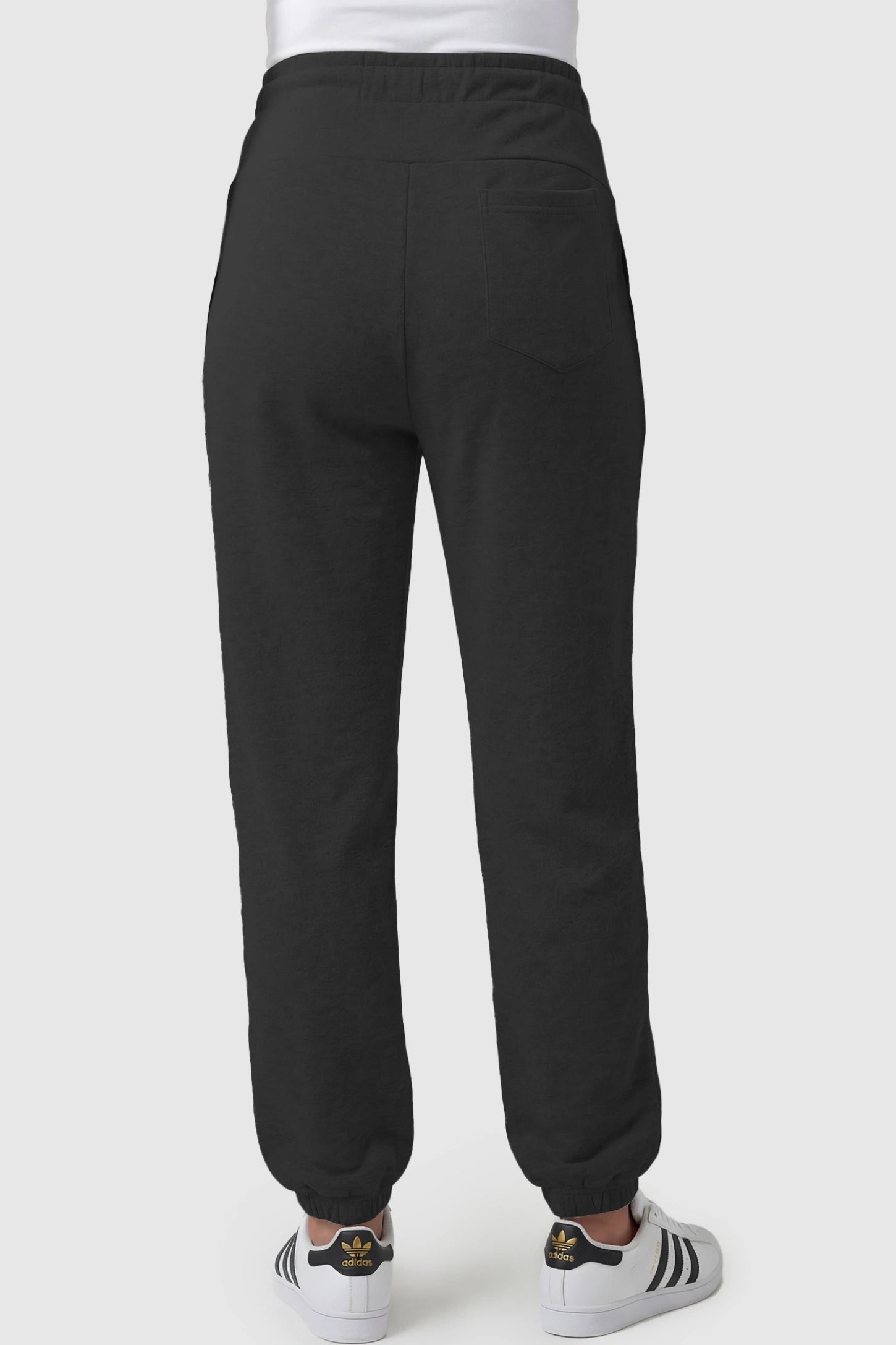 High-Rise Drawstring Waist Loose Fit Jogger Maternity Pants High-rise drawstring waist loose fit jogger maternity pants in black with tapered jogger cuffs, back view on pregnant model