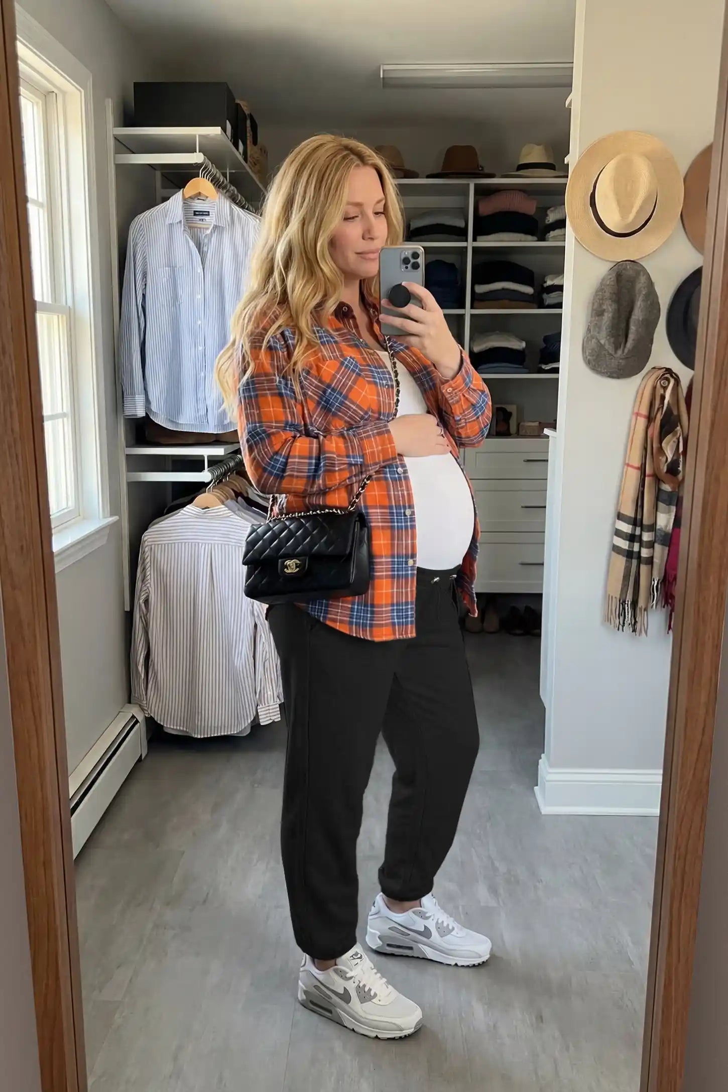 High-Rise Drawstring Waist Loose Fit Jogger Maternity Pants High-rise drawstring waist loose fit jogger maternity pants in black with relaxed fit, full body on UGC model