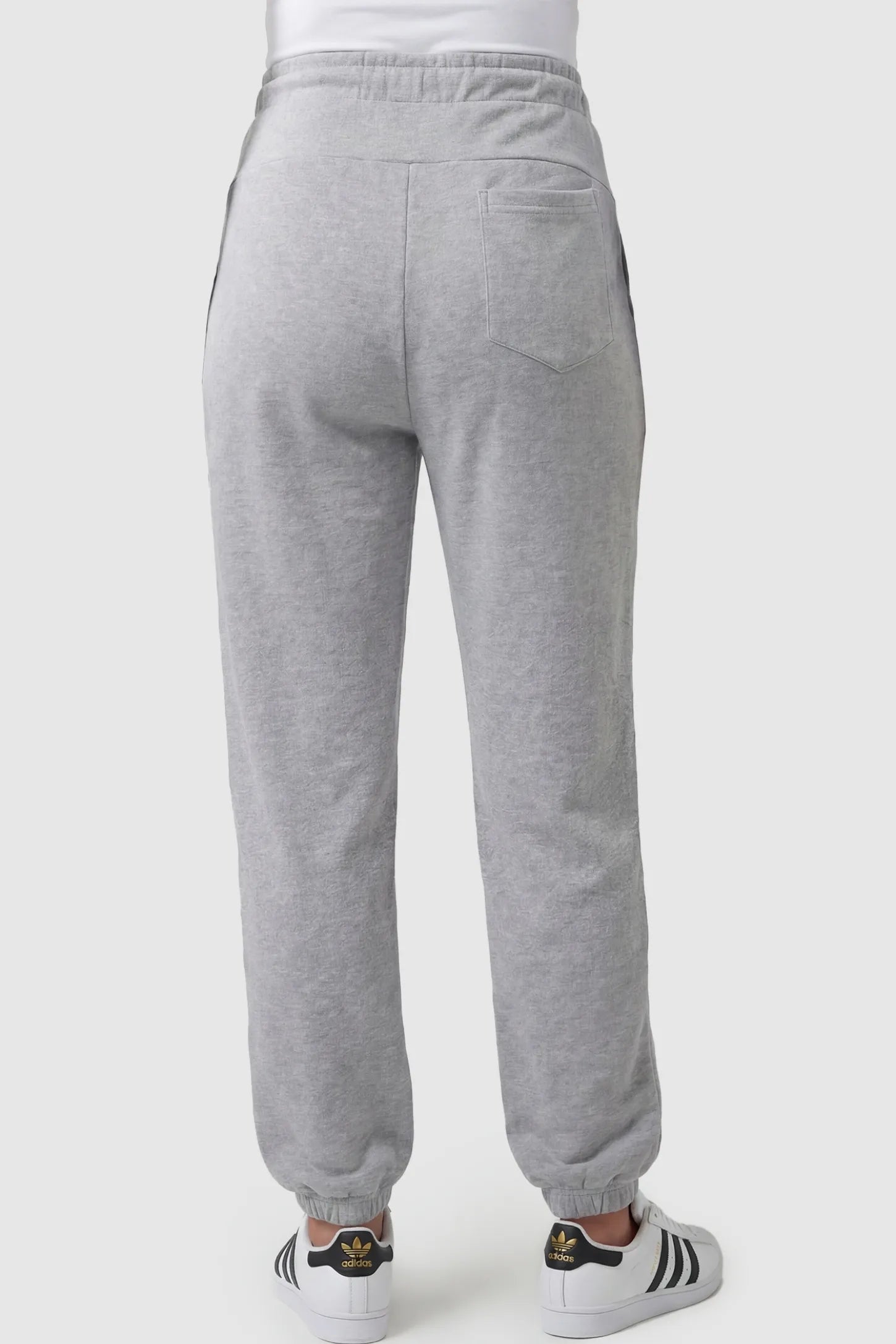 High-Rise Drawstring Waist Loose Fit Jogger Maternity Pants High-rise drawstring waist loose fit jogger maternity pants in gray with tapered jogger cuffs, back view on pregnant model