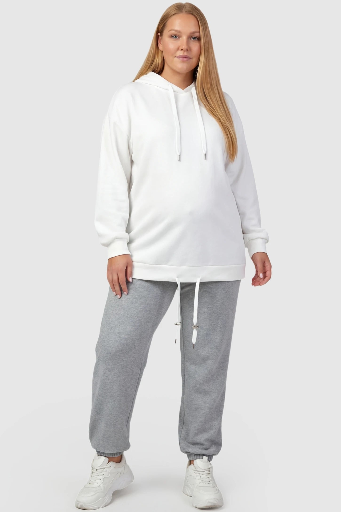 High-Rise Drawstring Waist Loose Fit Jogger Maternity Pants High-rise drawstring waist loose fit jogger maternity pants in gray with relaxed fit & adjustable drawstring, full body on plus-size model