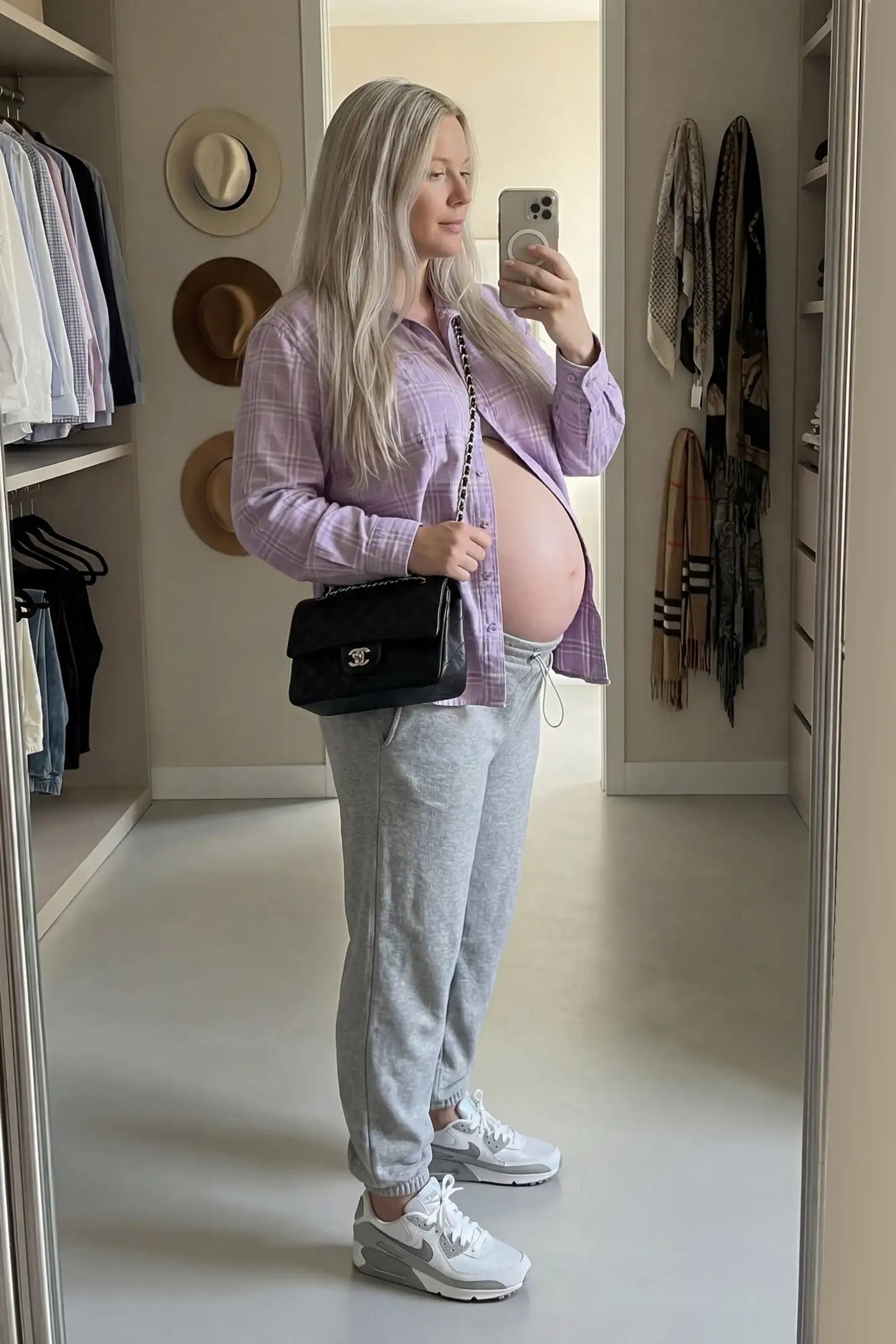 High-Rise Drawstring Waist Loose Fit Jogger Maternity Pants High-rise drawstring waist loose fit jogger maternity pants in gray with relaxed fit, full body on UGC model