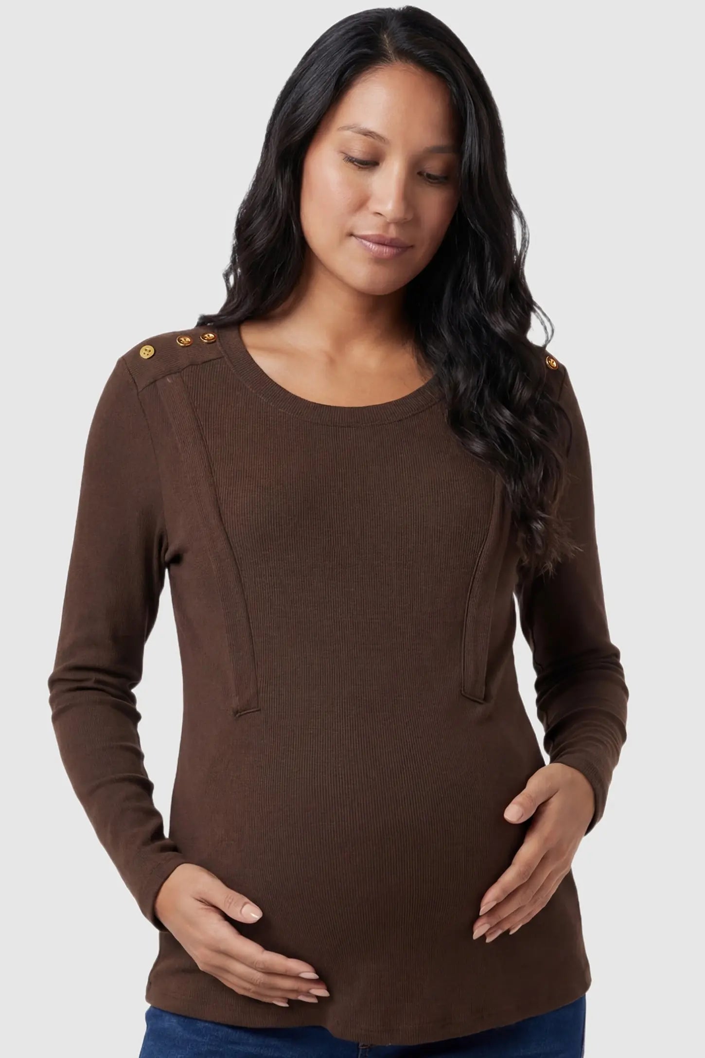 Dual-Side Nursing Access Ribbed Long Sleeve Top in Coffee featuring button detail on a pregnant model in front view.