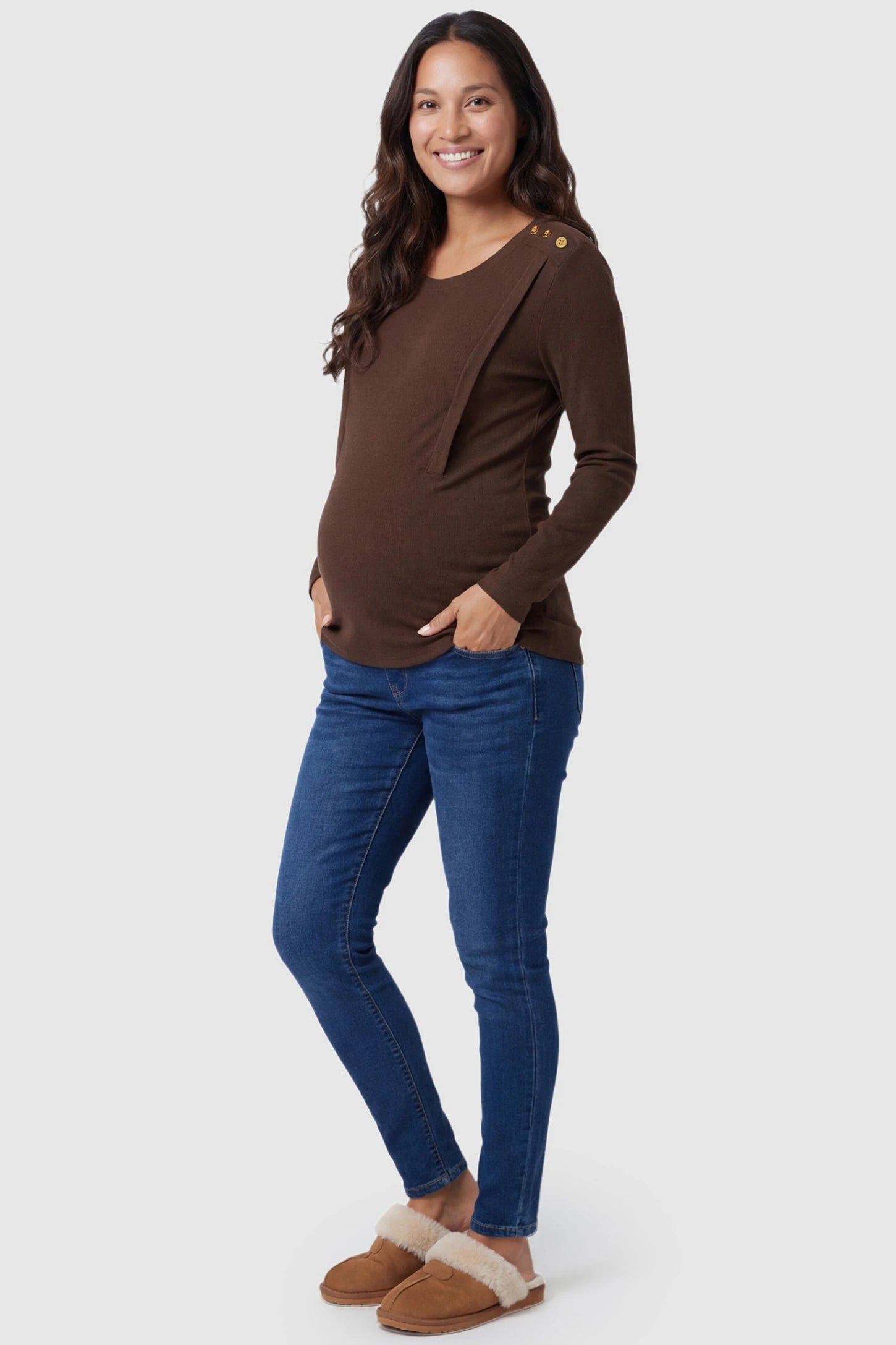 Dual-Side Nursing Access Ribbed Long Sleeve Maternity & Nursing Top Dual-Side Nursing Access Ribbed Long Sleeve Top in Coffee featuring button detail on a pregnant model in a full body shot.