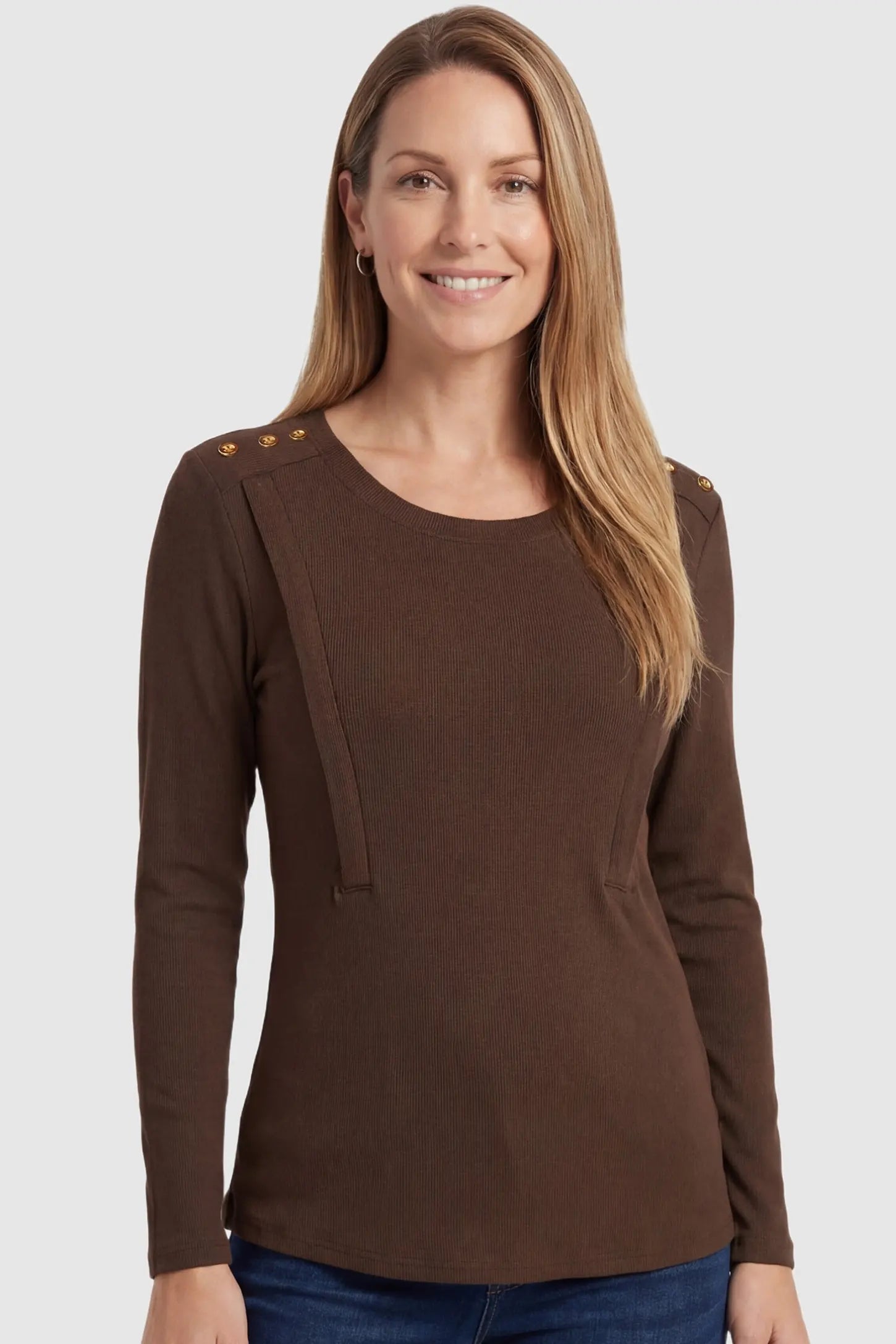Dual-Side Nursing Access Ribbed Long Sleeve Maternity & Nursing Top Dual-Side Nursing Access Ribbed Long Sleeve Top in Coffee featuring button detail on a postpartum model in front view