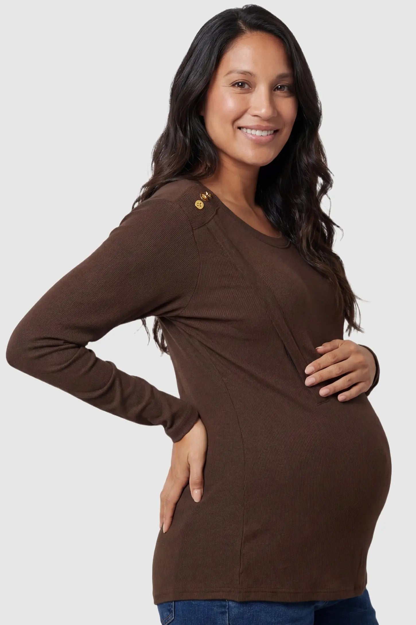 Dual-Side Nursing Access Ribbed Long Sleeve Top in Coffee featuring button detail on a pregnant model in side view.