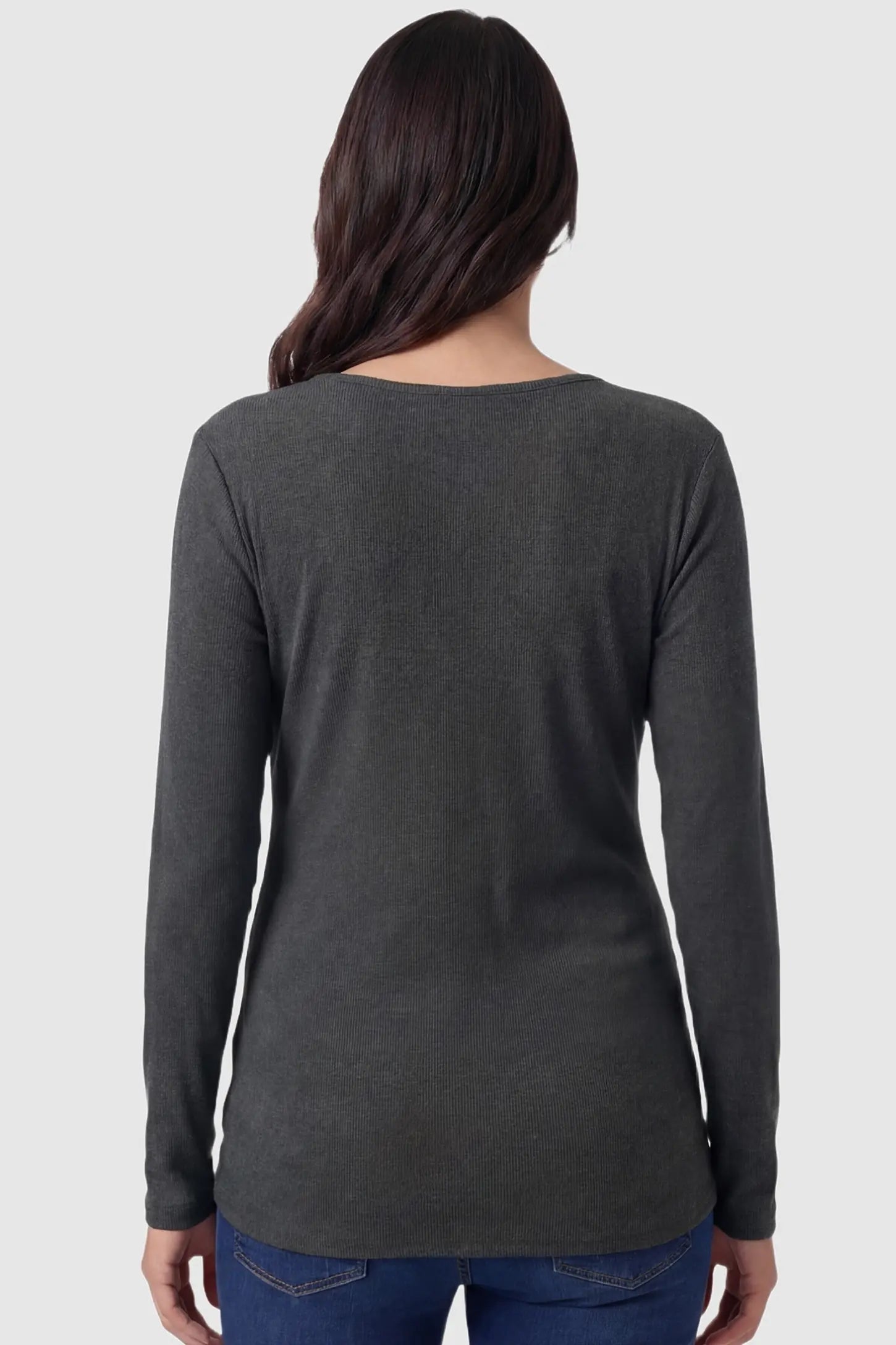 Dual-Side Nursing Access Ribbed Long Sleeve Maternity & Nursing Top Dual-Side Nursing Access Ribbed Long Sleeve Top in Dark Gray with tunic length on a pregnant model in back view.