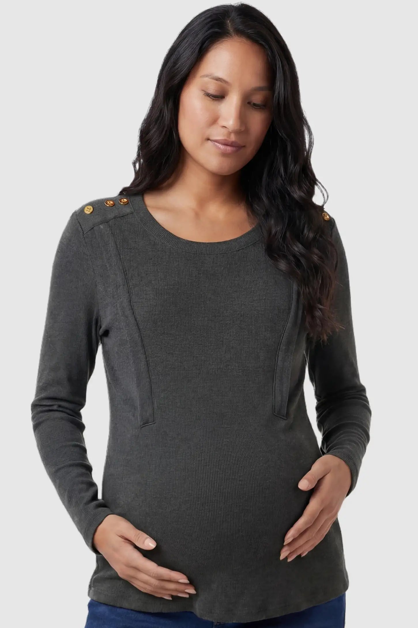 Dual-Side Nursing Access Ribbed Long Sleeve Maternity & Nursing Top Dual-Side Nursing Access Ribbed Long Sleeve Top in Dark Gray featuring button detail on a pregnant model in front view.