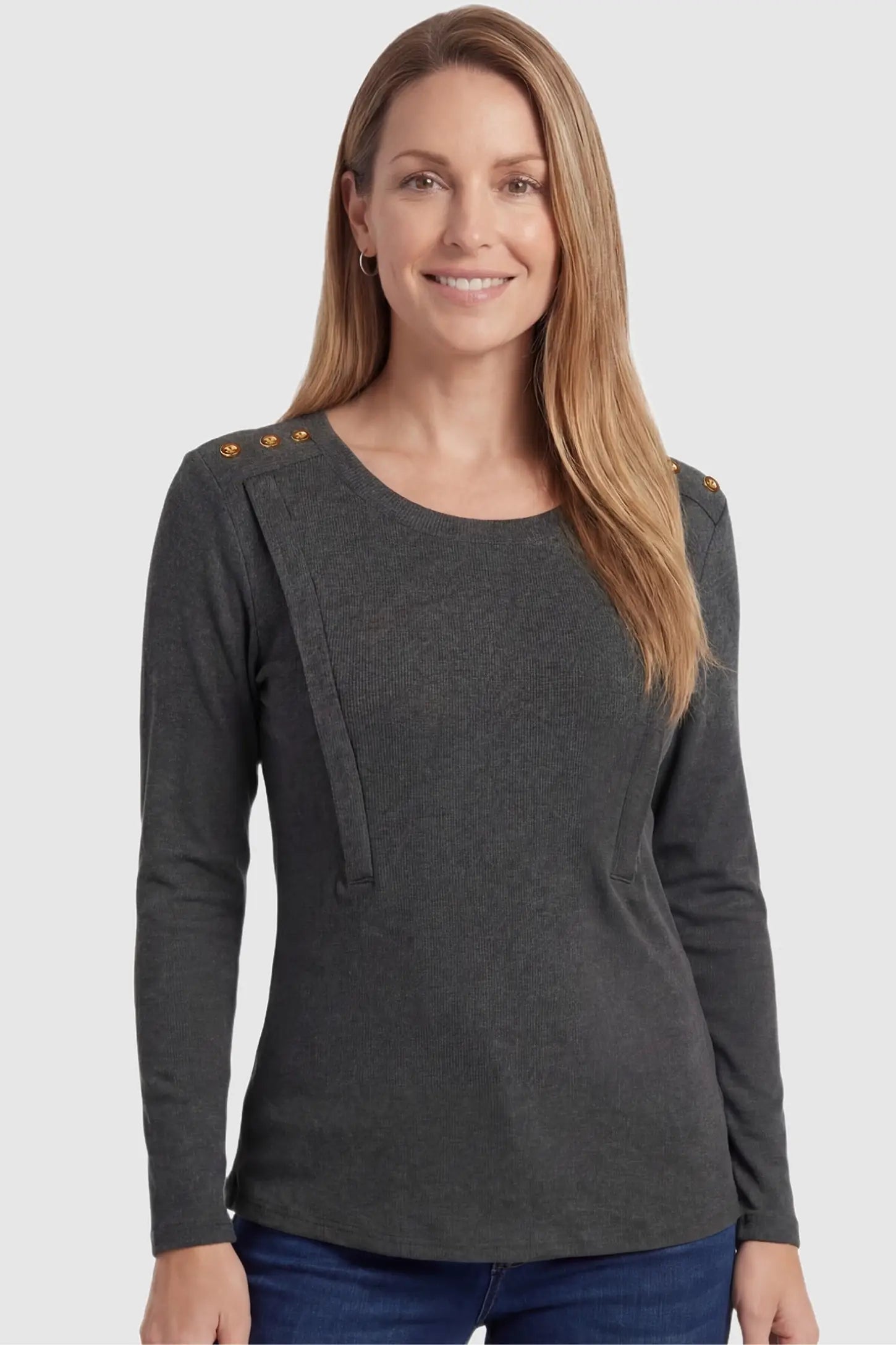 Dual-Side Nursing Access Ribbed Long Sleeve Maternity & Nursing Top Dual-Side Nursing Access Ribbed Long Sleeve Top in Dark Gray featuring button detail on a postpartum model in front view.