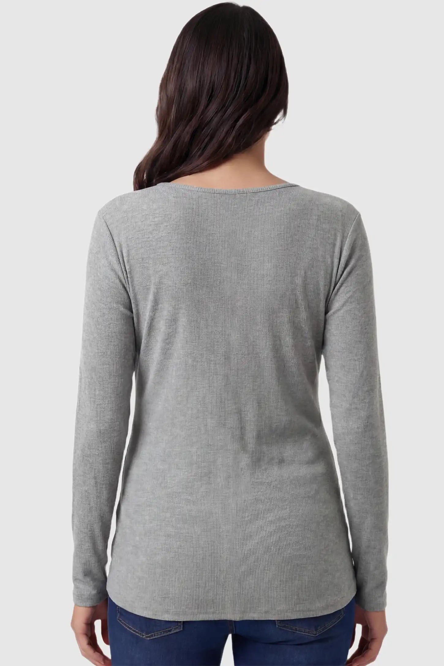Dual-Side Nursing Access Ribbed Long Sleeve Maternity & Nursing Top Dual-Side Nursing Access Ribbed Long Sleeve Top in Light Gray with tunic length on a pregnant model in back view.