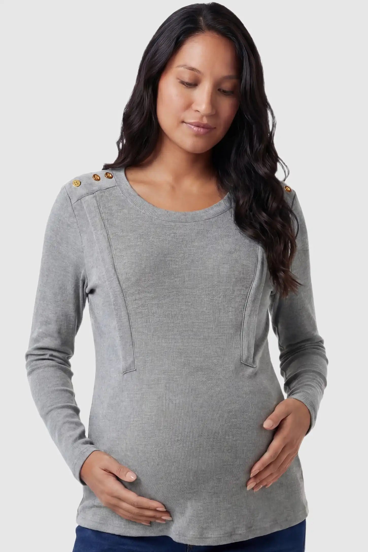 Dual-Side Nursing Access Ribbed Long Sleeve Maternity & Nursing Top Dual-Side Nursing Access Ribbed Long Sleeve Top in Light Gray featuring button detail on a pregnant model in front view.