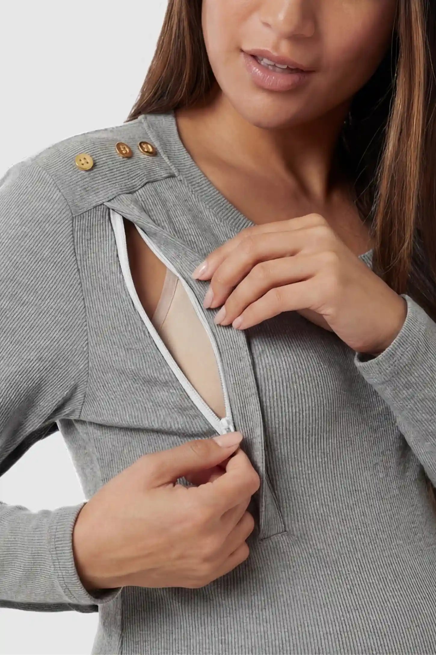 Dual-Side Nursing Access Ribbed Long Sleeve Maternity & Nursing Top Dual-Side Nursing Access Ribbed Long Sleeve Top in Light Gray highlighting the zip-up nursing feature on a pregnant model.