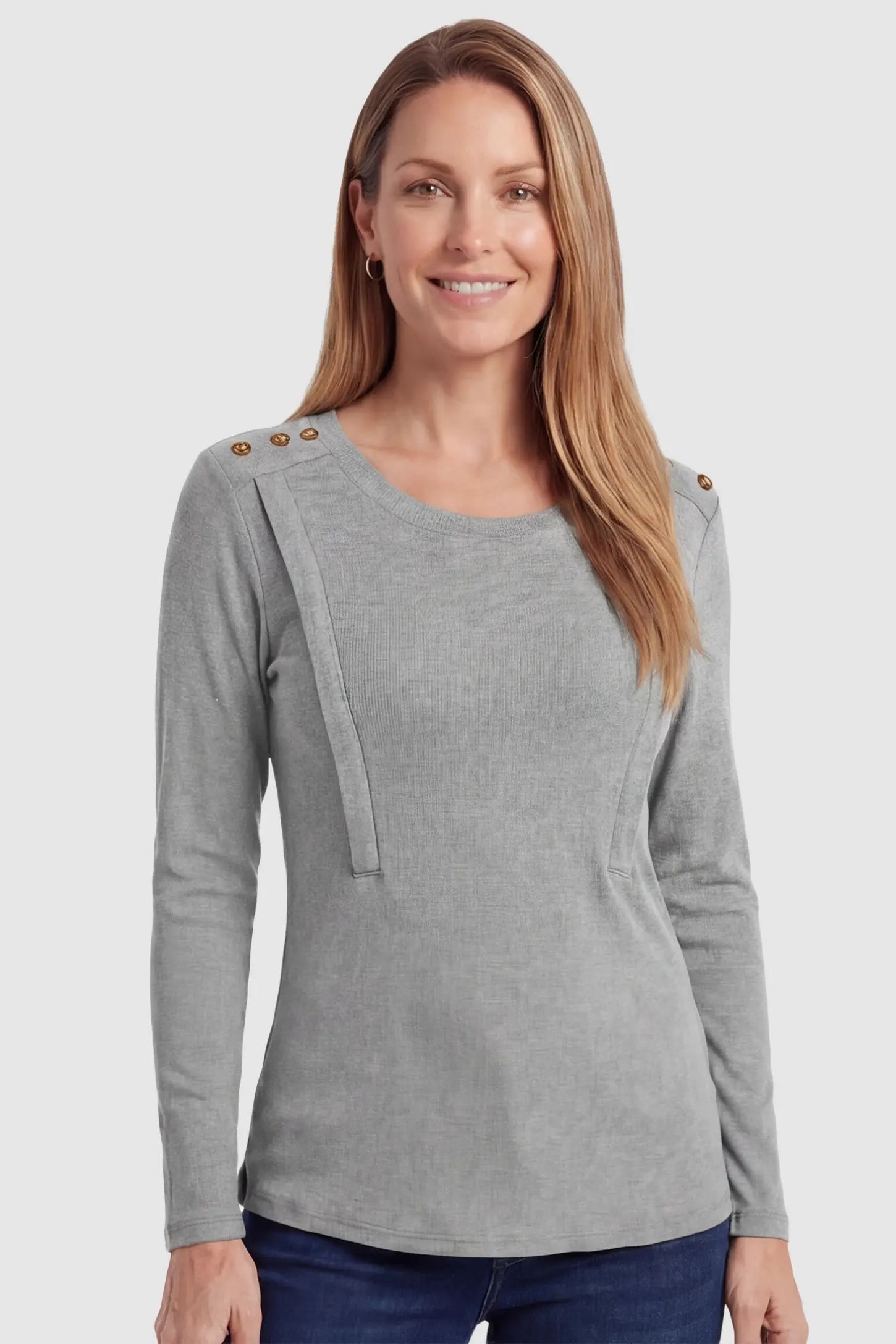 Dual-Side Nursing Access Ribbed Long Sleeve Maternity & Nursing Top Dual-Side Nursing Access Ribbed Long Sleeve Top in Light Gray featuring button detail on a postpartum model in front view.