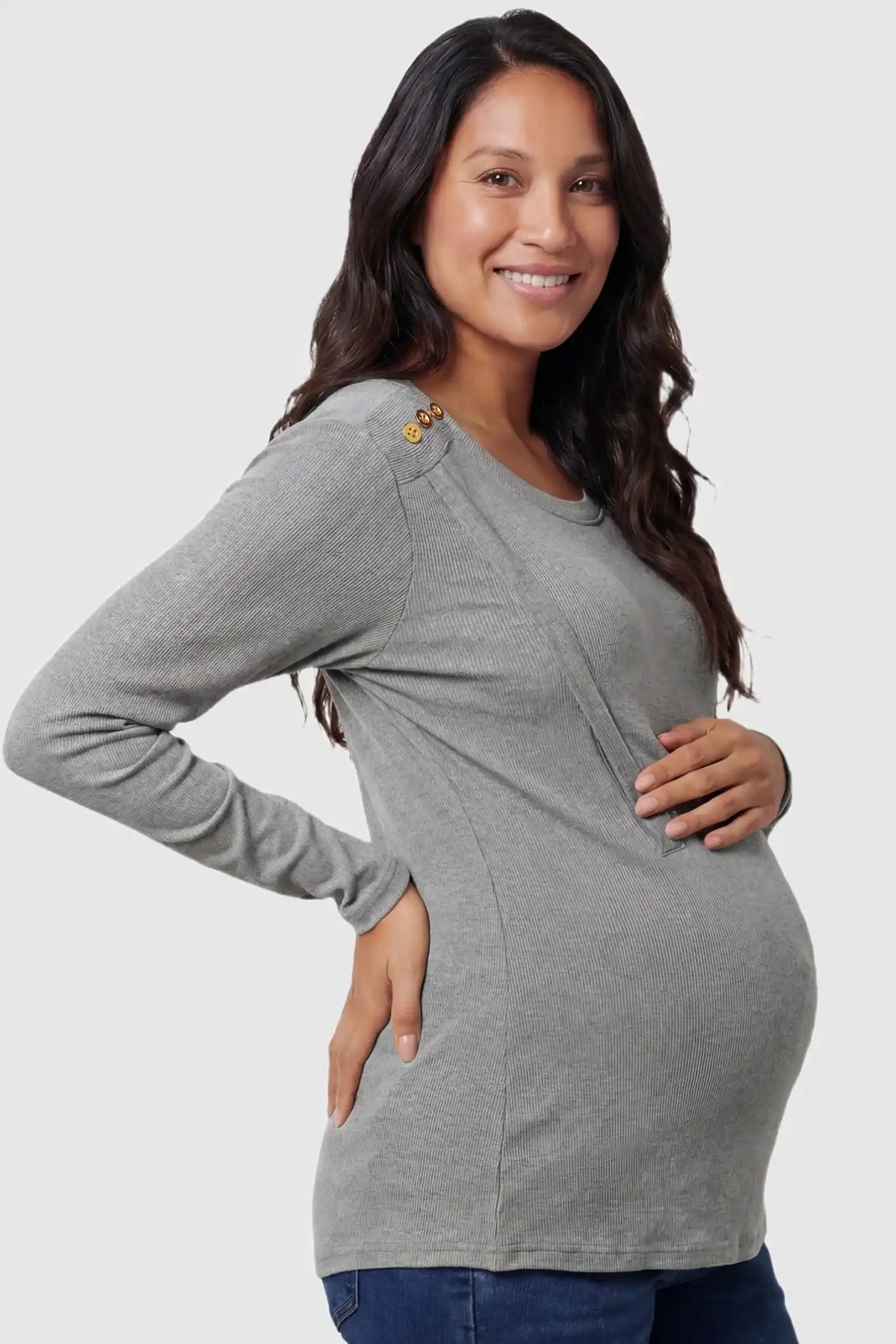 Dual-Side Nursing Access Ribbed Long Sleeve Maternity & Nursing Top Dual-Side Nursing Access Ribbed Long Sleeve Top in Light Gray featuring button detail on a pregnant model in side view.