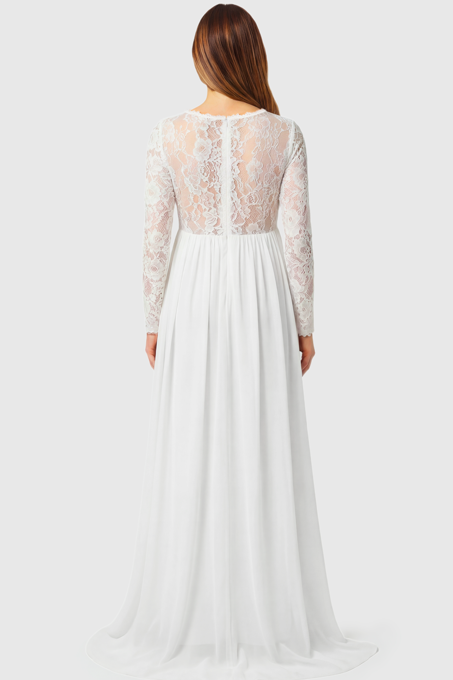 Long Sleeve Sweetheart Bridal Maternity Gown Long Sleeve Sweetheart Bridal Maternity Gown in white featuring floral lace sleeves and back on a pregnant model.