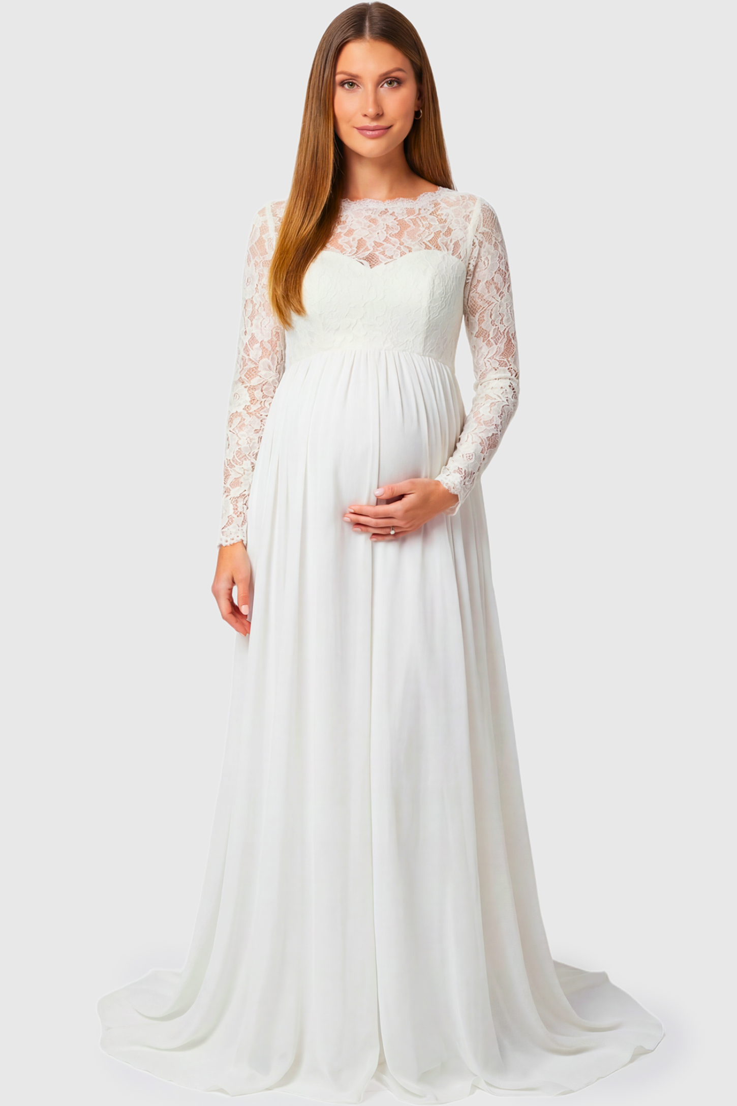 Long Sleeve Sweetheart Bridal Maternity Gown in white featuring illusion scoop neckline and floral lace sleeves on pregnant model.