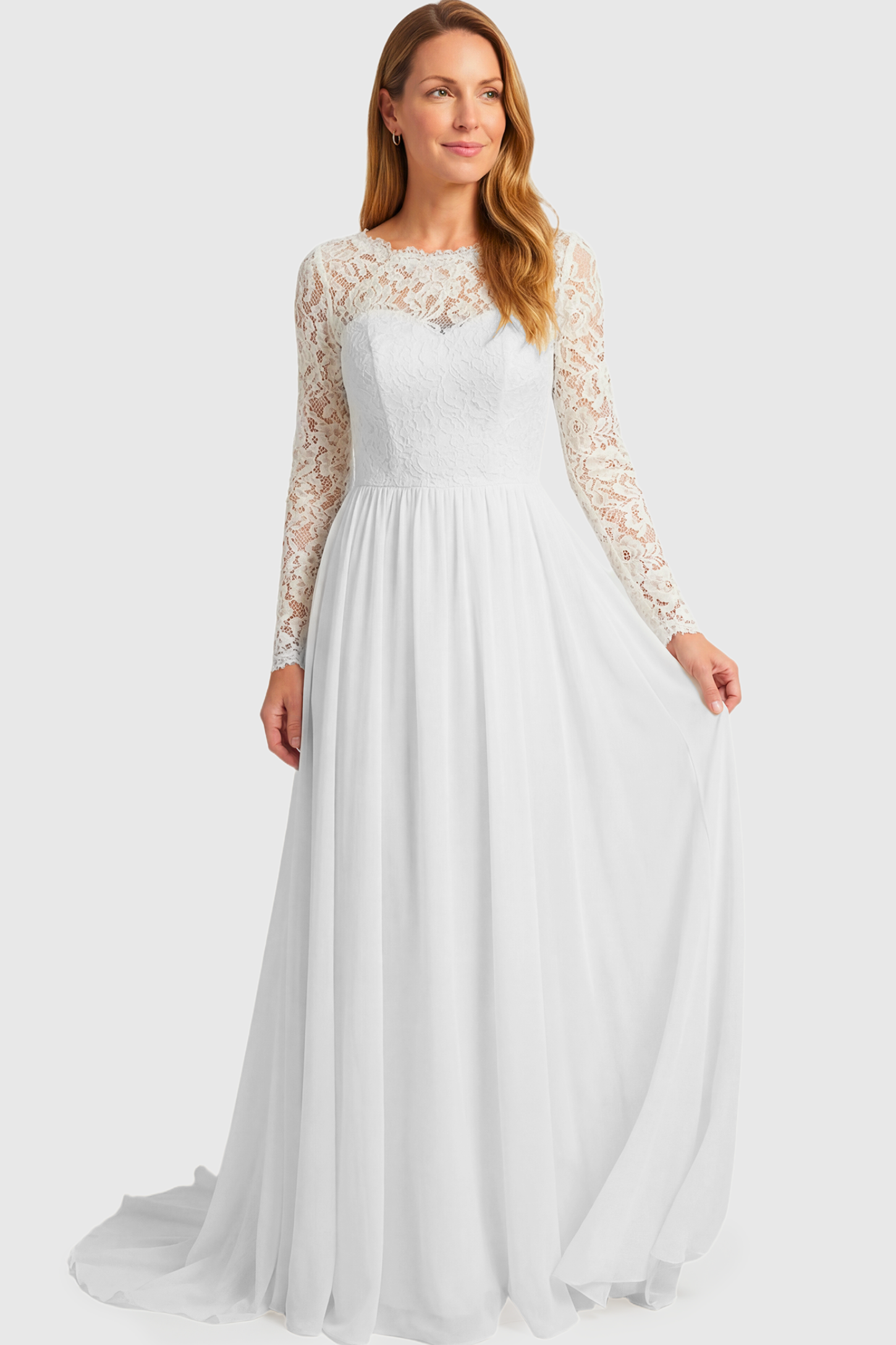 Long Sleeve Sweetheart Bridal Maternity Gown Long Sleeve Sweetheart Bridal Maternity Gown in white featuring illusion scoop neckline and floral lace sleeves on a non pregnant model.