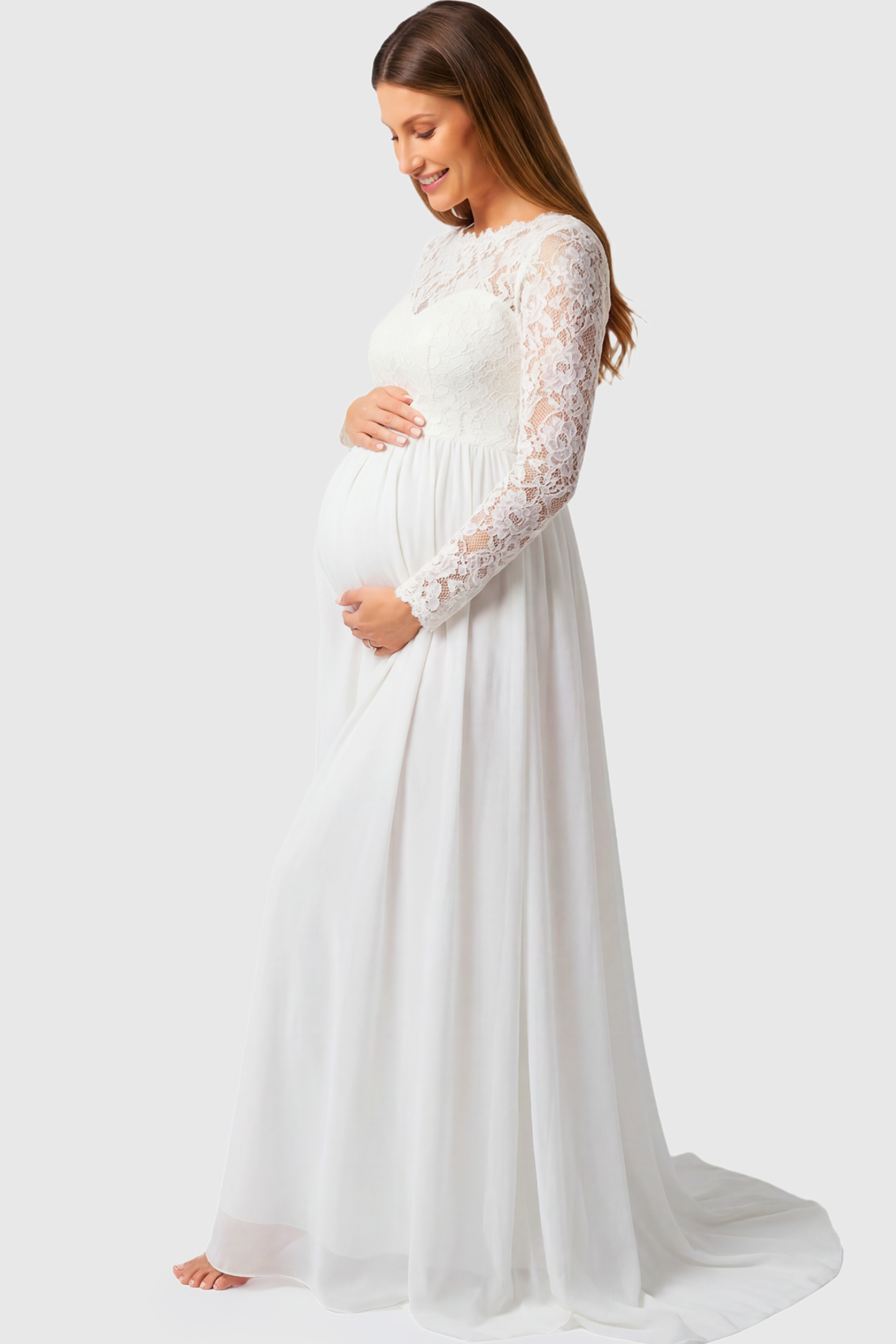 Long Sleeve Sweetheart Bridal Maternity Gown in white featuring illusion scoop neckline and floral lace sleeves on pregnant model.