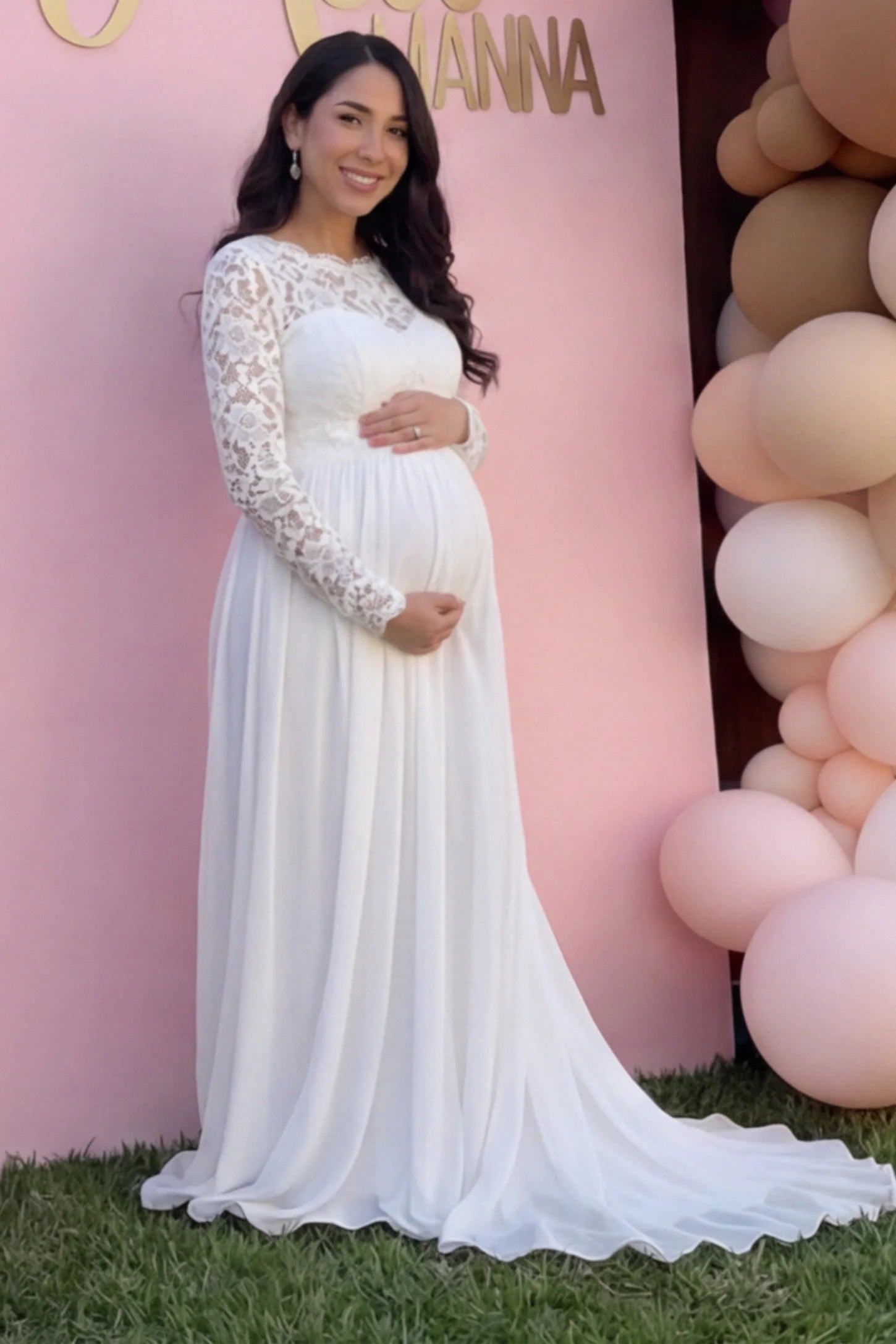 Long Sleeve Sweetheart Bridal Maternity Dress Long Sleeve Sweetheart Bridal Maternity Gown in white featuring illusion scoop neckline and floral lace sleeves on pregnant model.