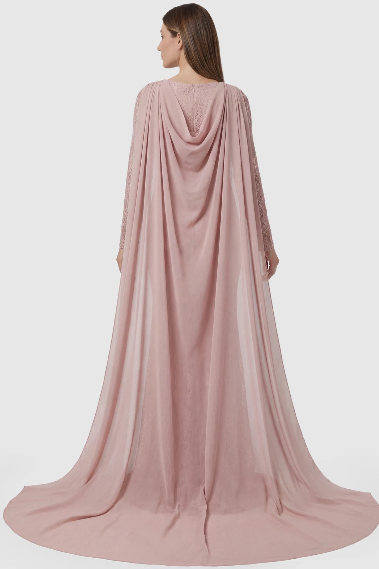 Lace & Chiffon Spliced Long Sleeve Maternity Photoshoot Gown Lace & Chiffon Spliced Maternity Photoshoot Gown in Fruit Pink featuring a floor-length train on a pregnant model back view.