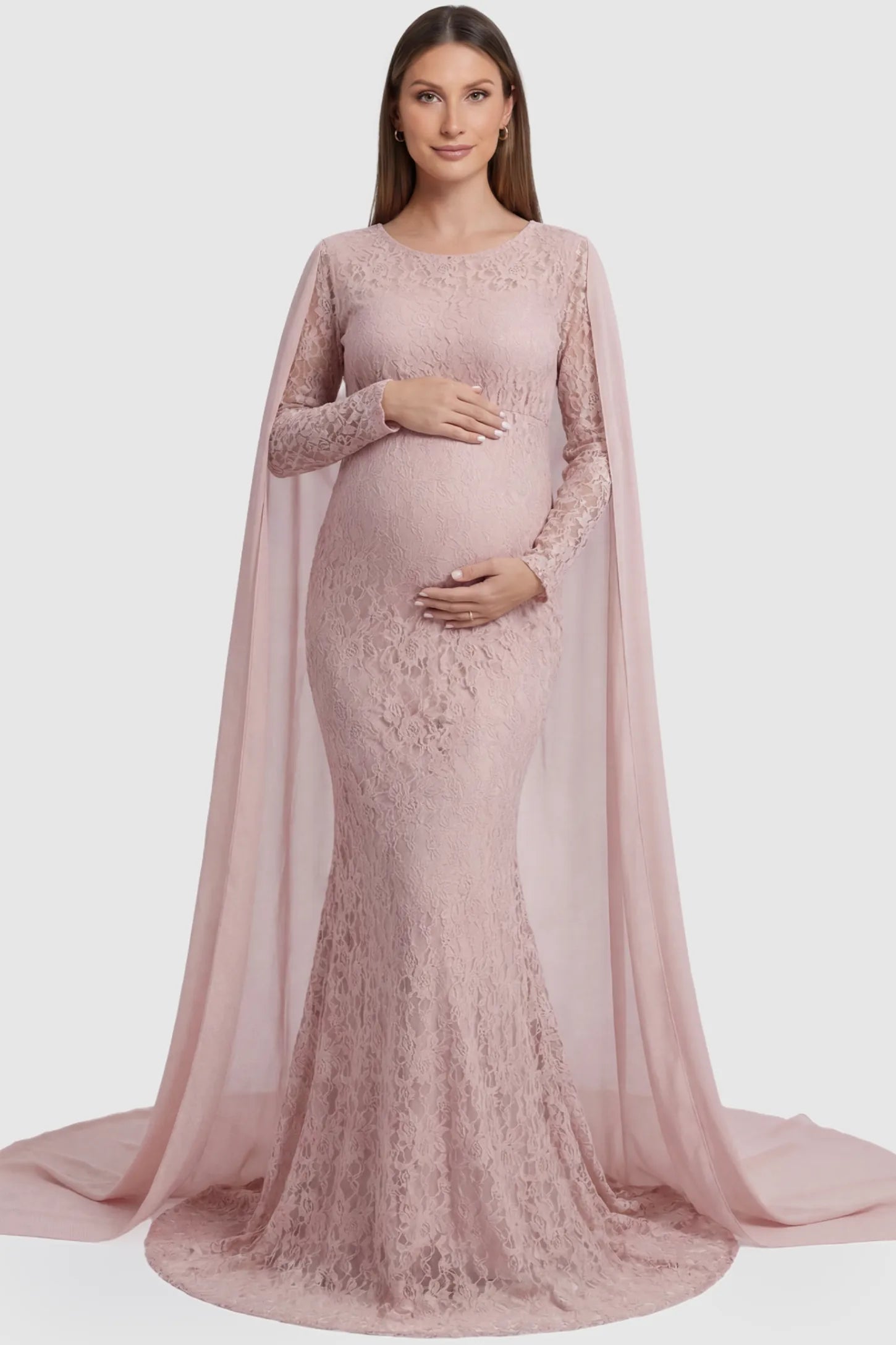 Lace & Chiffon Spliced Maternity Photoshoot Gown in Fruit Pink featuring an intricate lace bodice on a pregnant model front.