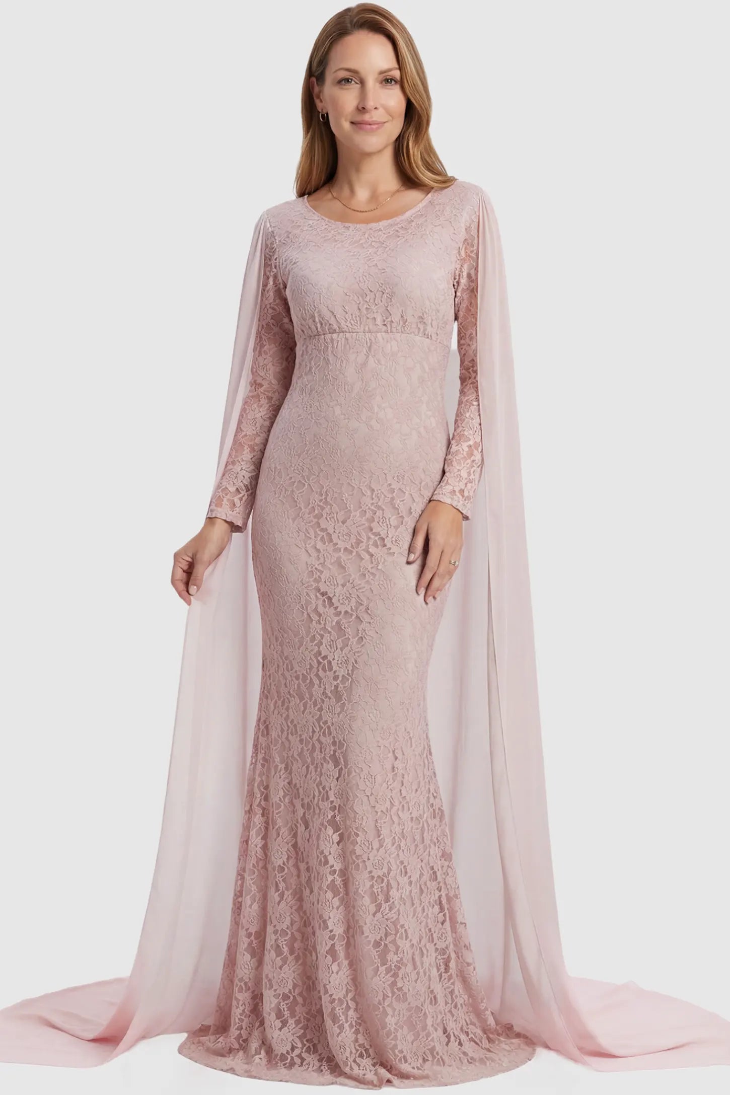 Lace & Chiffon Spliced Long Sleeve Maternity Photoshoot Gown Lace & Chiffon Spliced Maternity Photoshoot Gown in Fruit Pink featuring fitted lace sleeves on a non pregnant model front.
