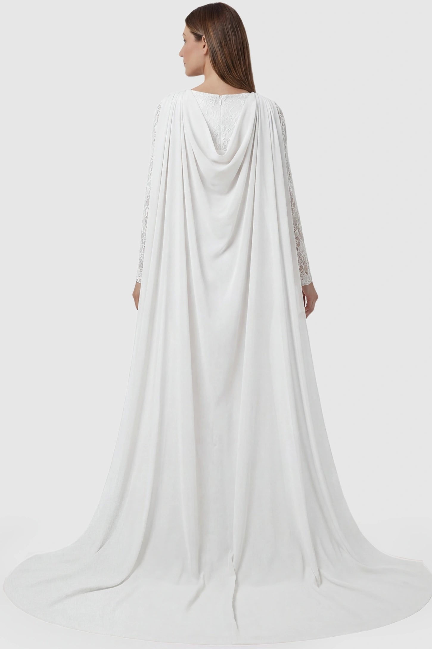 Lace & Chiffon Spliced Long Sleeve Maternity Photoshoot Gown Lace & Chiffon Spliced Maternity Photoshoot Gown in White featuring a dramatic floor-length cape on a pregnant model back view.