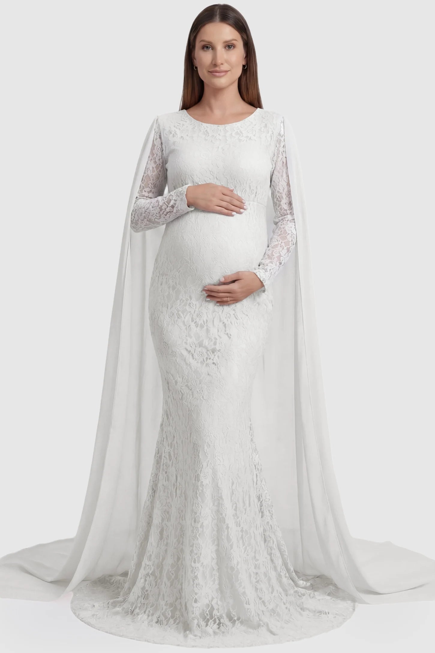 Lace & Chiffon Spliced Long Sleeve Maternity Photoshoot Gown Lace & Chiffon Spliced Maternity Photoshoot Gown in White featuring a classic scoop neckline on a pregnant model front view.