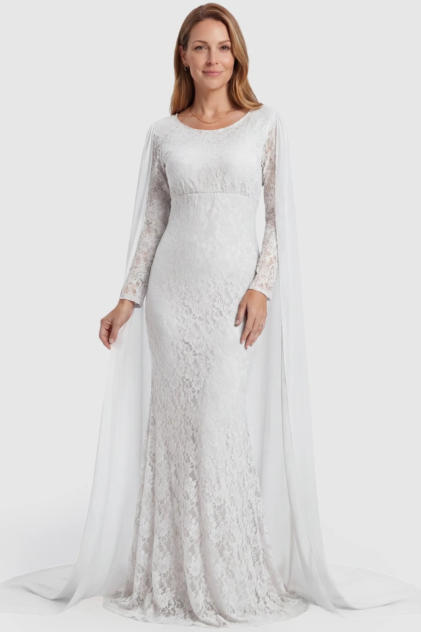Lace & Chiffon Spliced Long Sleeve Maternity Photoshoot Gown Lace & Chiffon Spliced Maternity Photoshoot Gown in White featuring a scalloped lace hem on a non pregnant model front view.