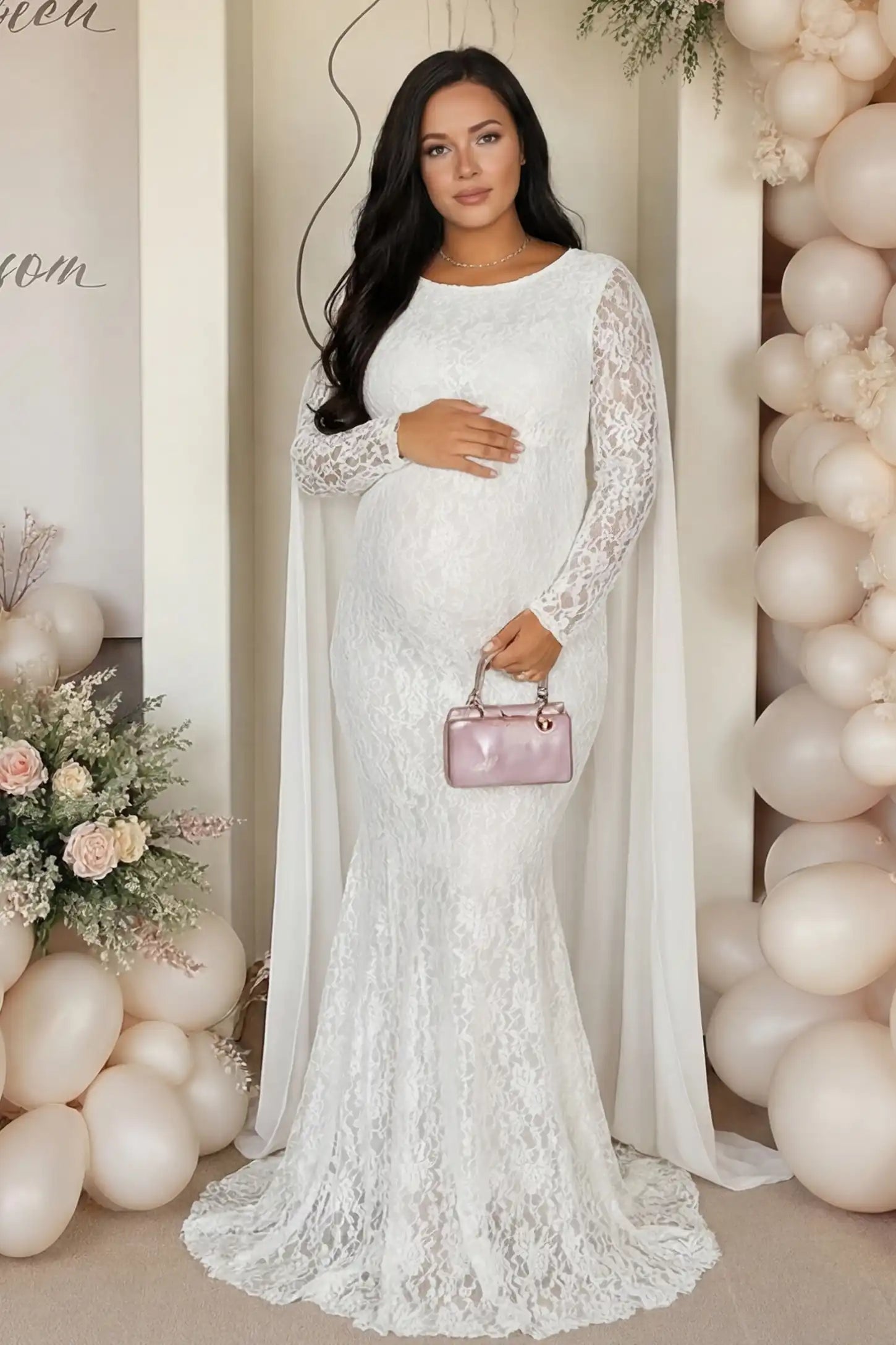 Lace & Chiffon Spliced Long Sleeve Maternity Photoshoot Gown Lace & Chiffon Spliced Maternity Photoshoot Gown in White featuring a classic scoop neckline on a pregnant model front view.
