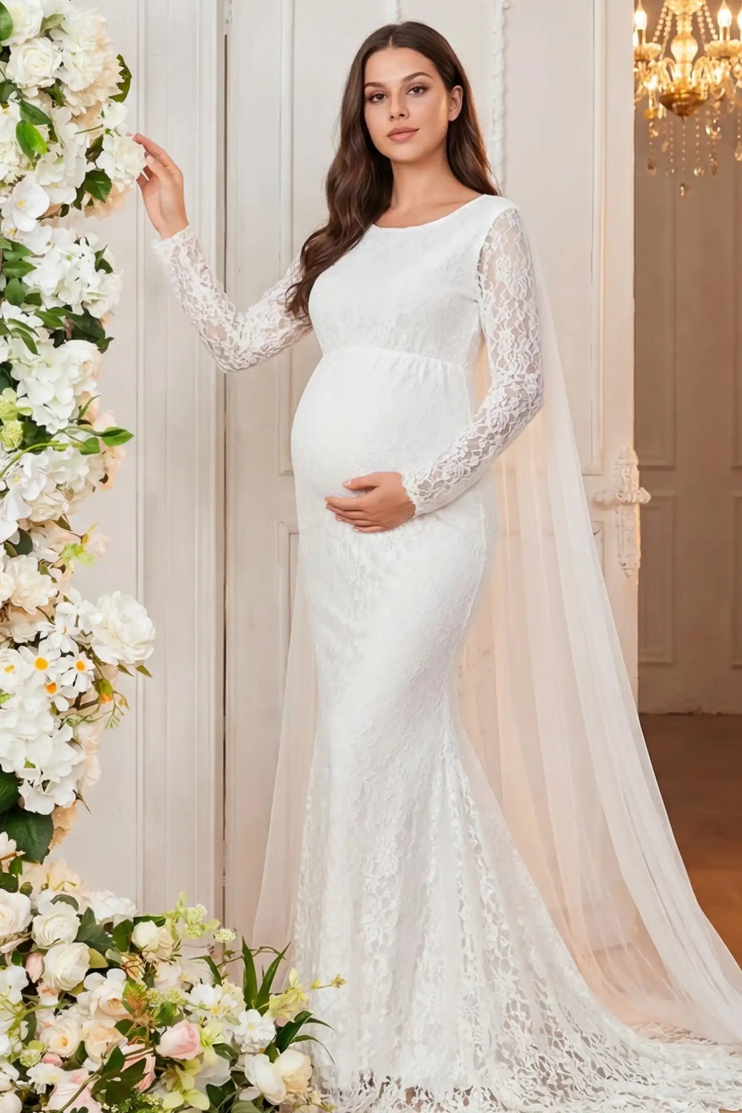 Lace & Chiffon Spliced Long Sleeve Maternity Photoshoot Gown Lace & Chiffon Spliced Maternity Photoshoot Gown in White featuring a classic scoop neckline on a pregnant model front view.